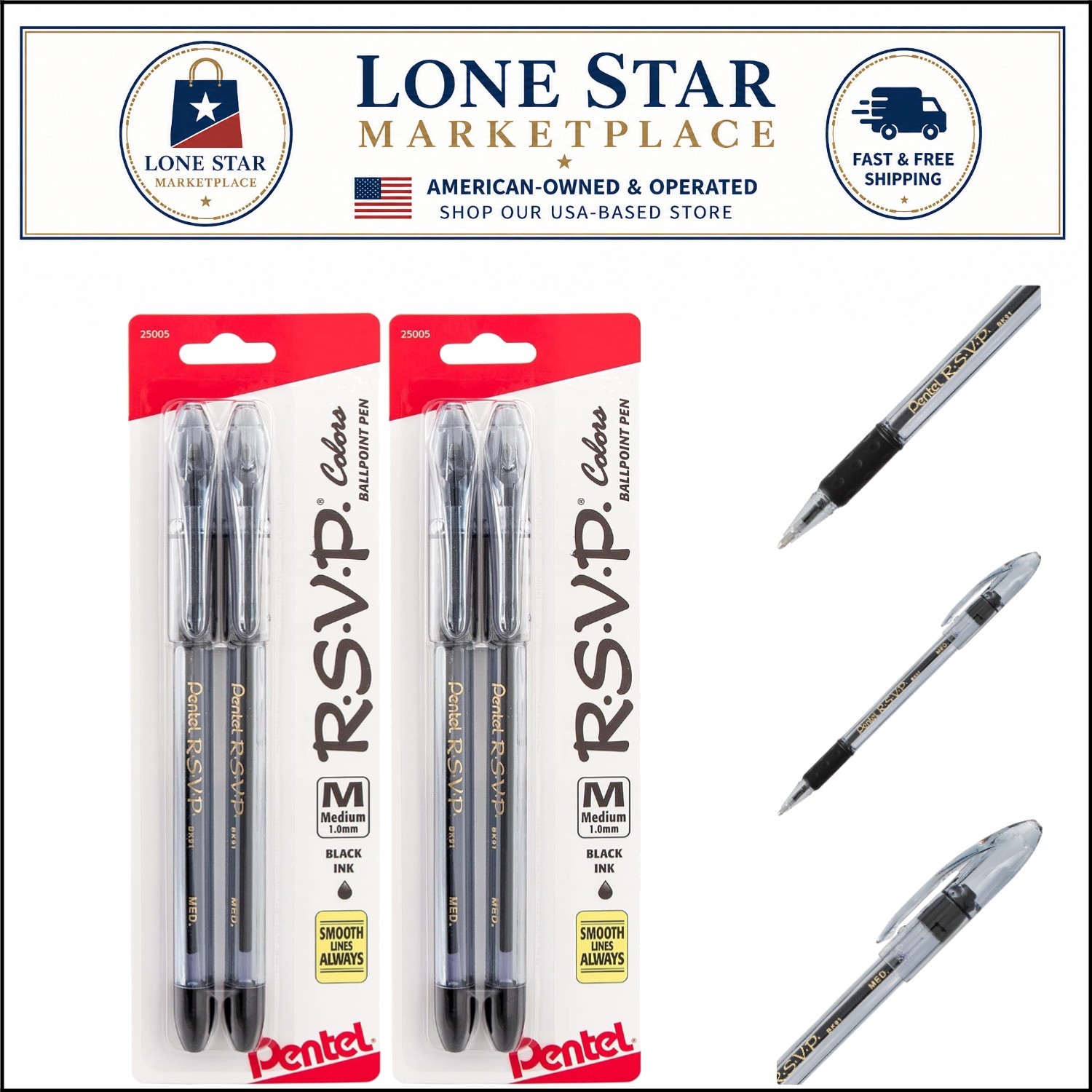 Sturdy Black Ballpoint Pens with Ambidextrous Grip – 4 Count for All Ages