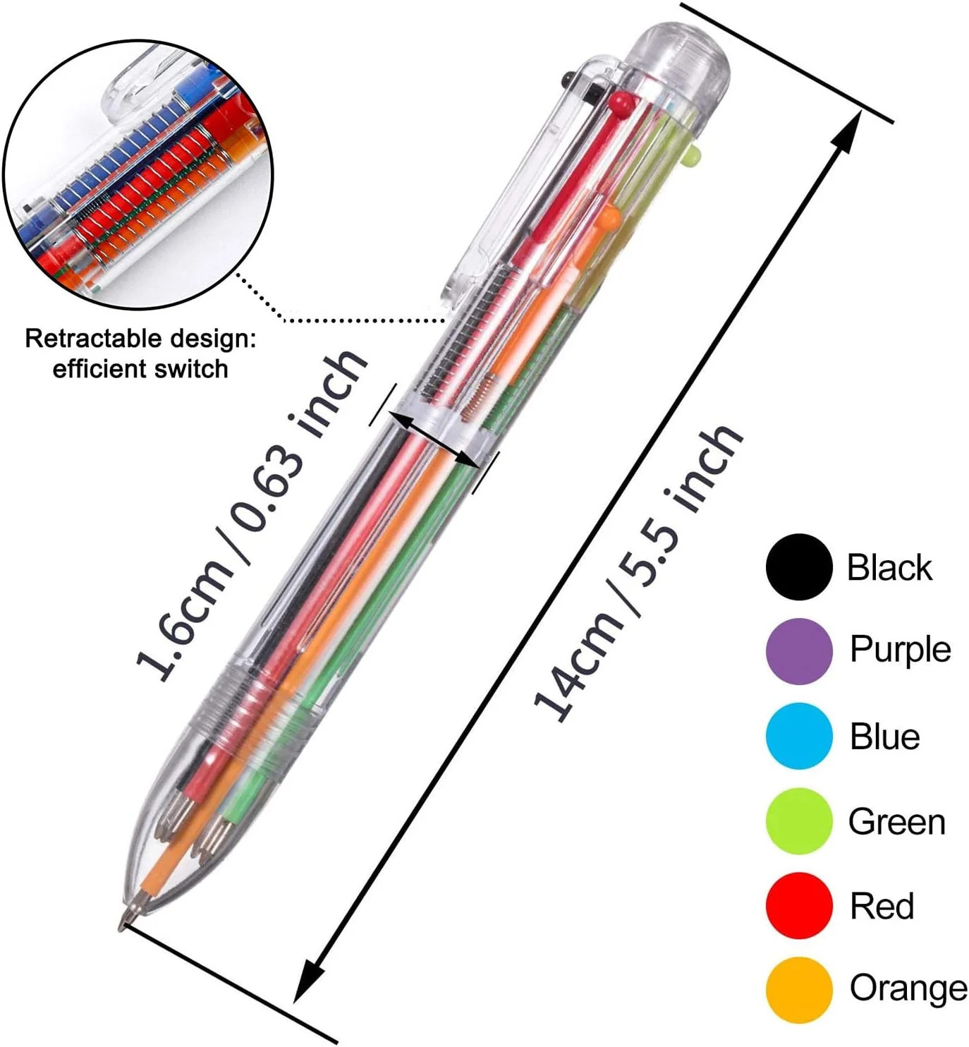 6 Pack Multicolor Pen, 6-Color Retractable Ballpoint Pens, Fun Pens | 0.5mm 6-in