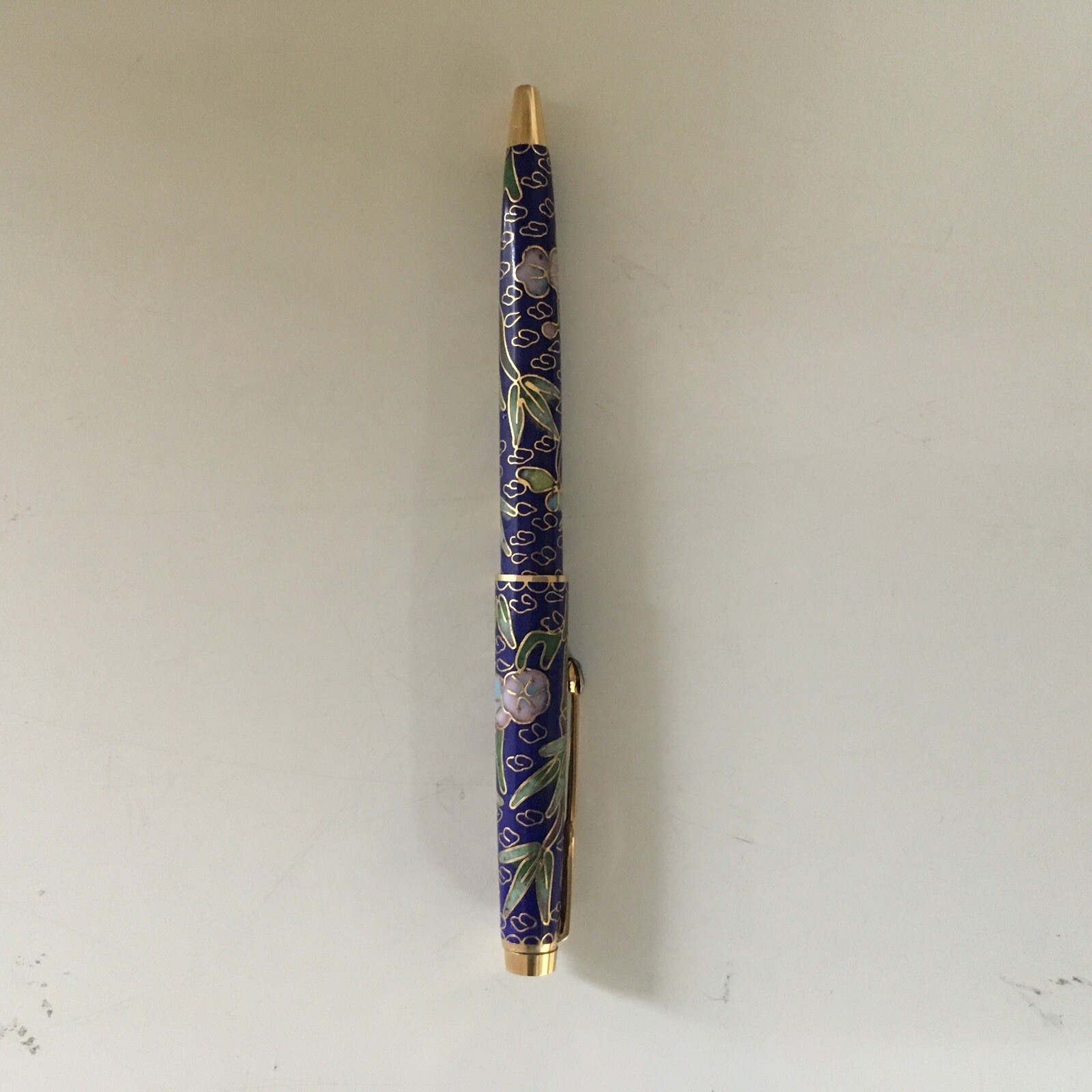 Vintage Chinese Cloisonne Enameled Ball Point Pen in Brocade Box