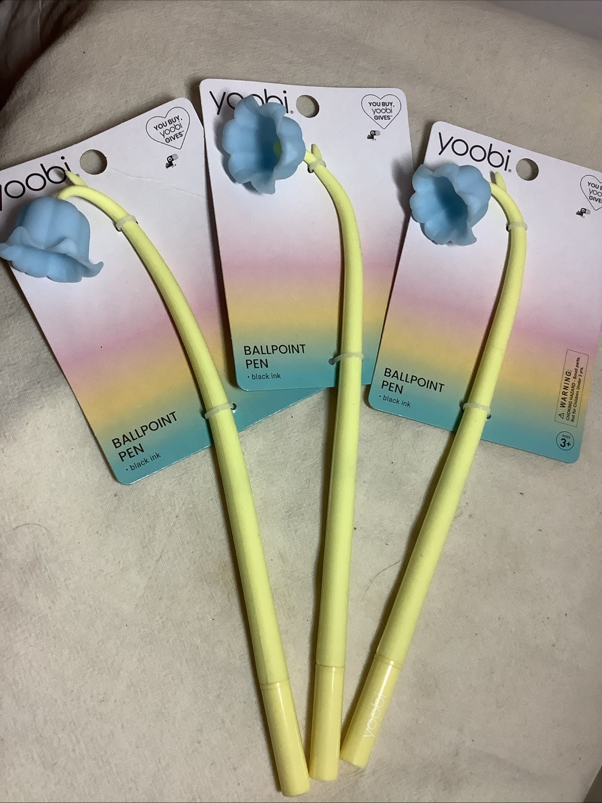 3–Yoobi Yellow/ Blue Flower Pens With Black Ink~ New Set Of 3