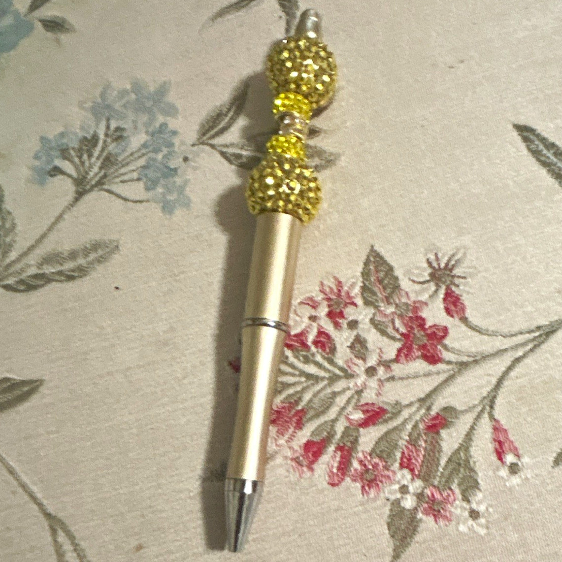Metal Ballpoint Pen Black Ink with Gold Trim Beaded Accent Top