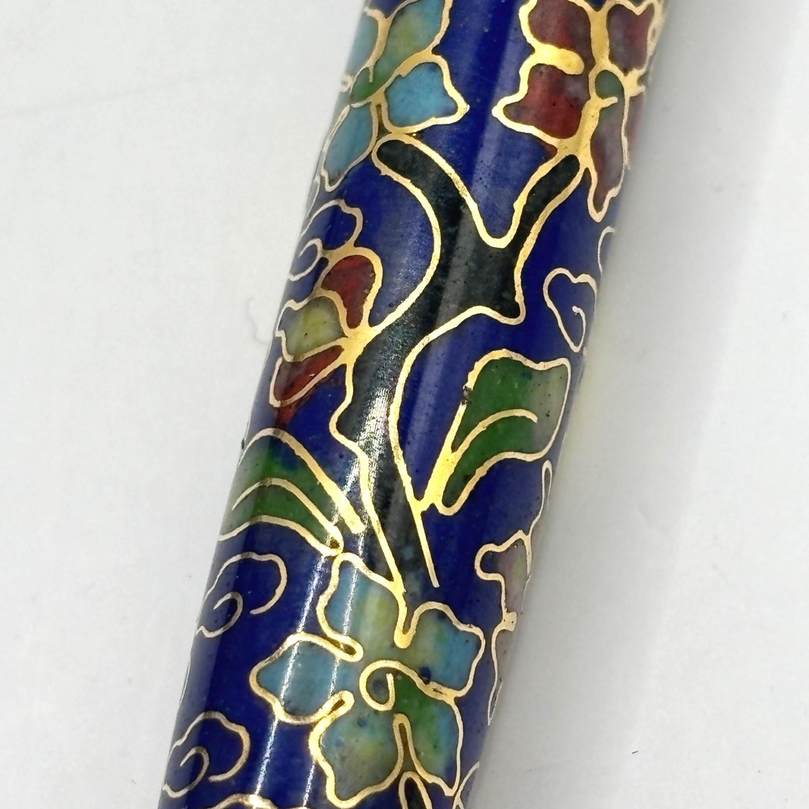 Vintage Chinese Cloisonne Floral Ballpoint Pen Blue Gold Enamel with Gift Box