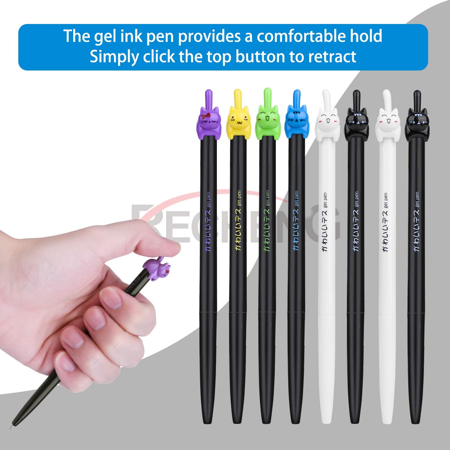 Recheng Retractable Cat Gel Pens,fine Point 0.5Mm Black Ink,cute Kitty