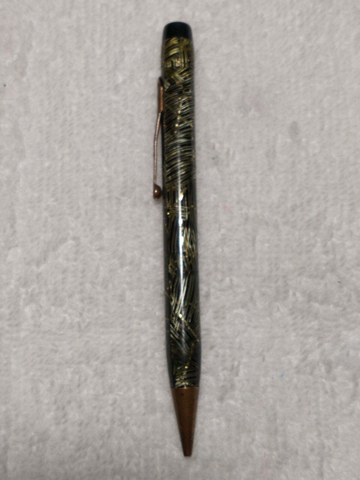 VINTAGE CELLULOID MECH PENCIL BLACK AND LIME GREEN OVER SILVER RIBBONS ANTIQUE