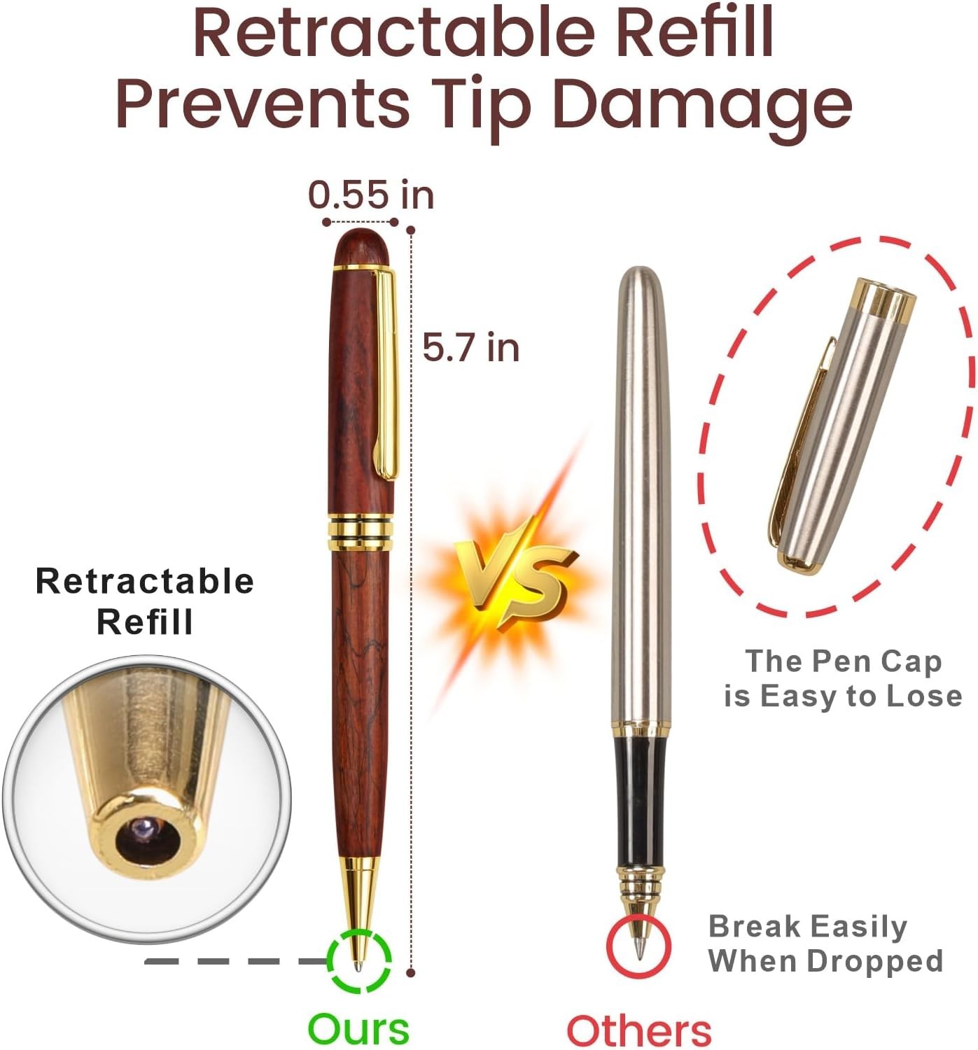 Refillable Wood Pens with Black Ink, Lightweight Design for Comfortable Writing