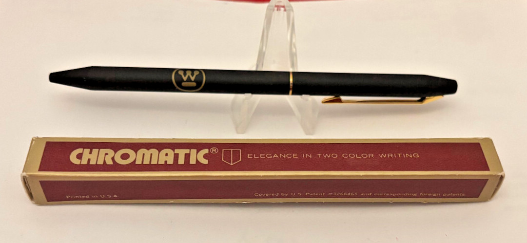 NOS VTG CHROMATIC 2-Color Ballpoint Pen (Red/Blue), Black Matte Barrel Gold Trim