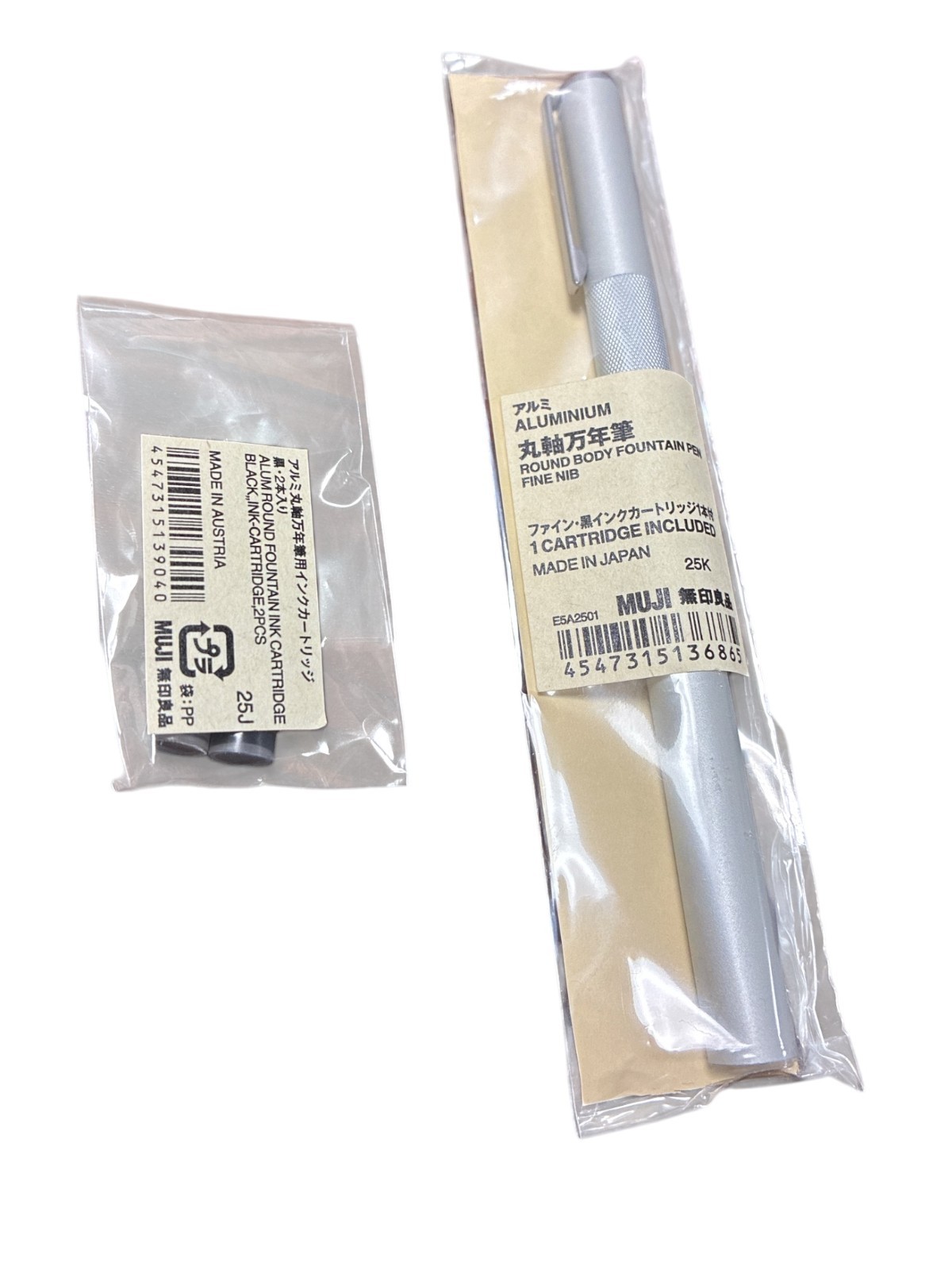 MUJI Aluminum Round Fountain Pen Fine Nib + 2 Black Ink Cartridges Set New Japan
