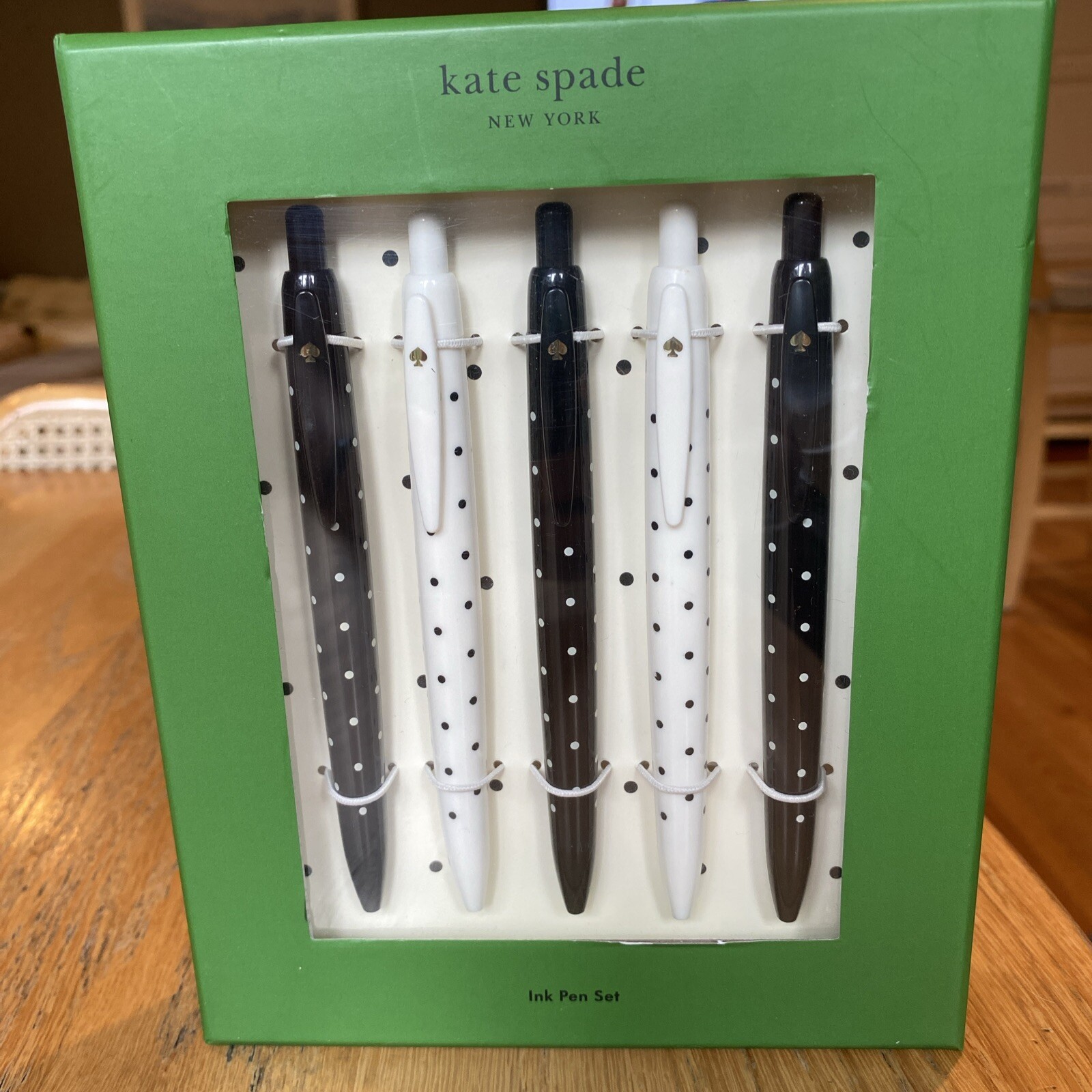 Kate Spade New York 5 Black Ink Pen Set – Polka Dot Retractable (New in Box)