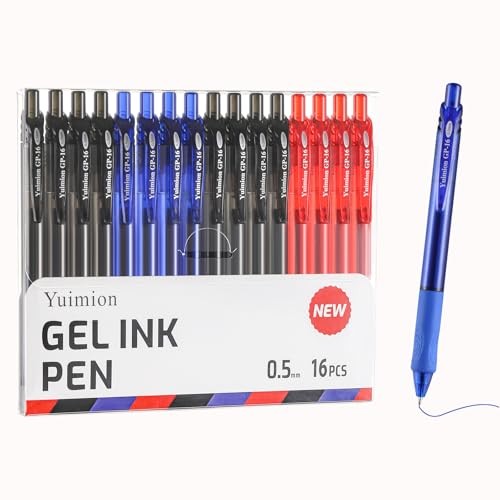 16 Pcs Retractable Gel Pens Fine Point (0.5mm) Rollerball 8Black&4Blue&4Red