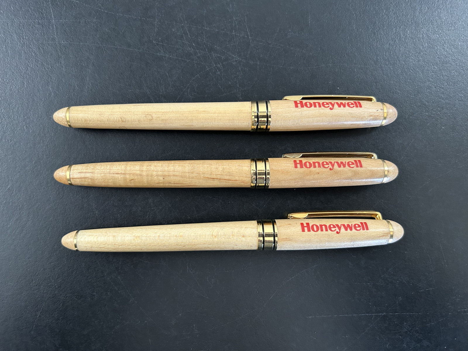 Lot of 3 Wooden Case Pen Ball TC Roller Pens Honeywell Branded Working Smooth