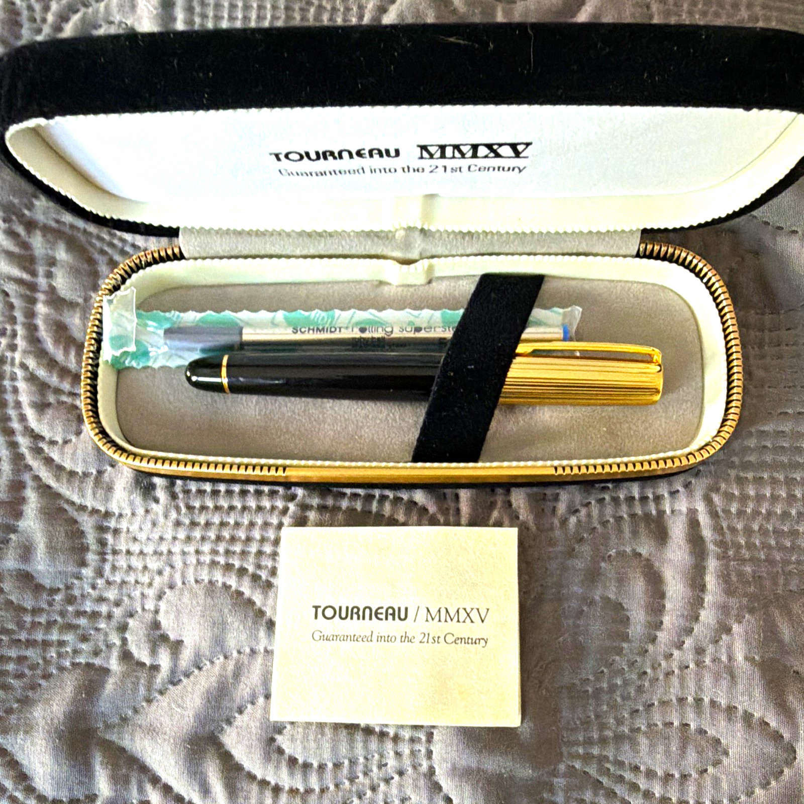 Tourneau MMXV Black & Gold Metal Ballpoint Pen, Blue Ink, Gold Trim w/Case