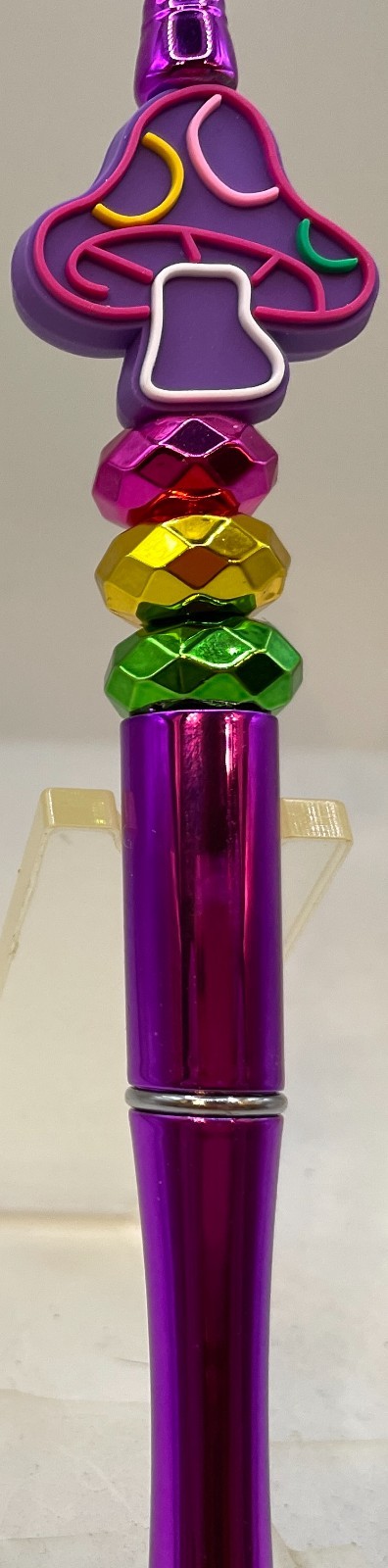 Beaded Pen,groovy Mushroom On Metallic Beads And Purple Metallic Pen