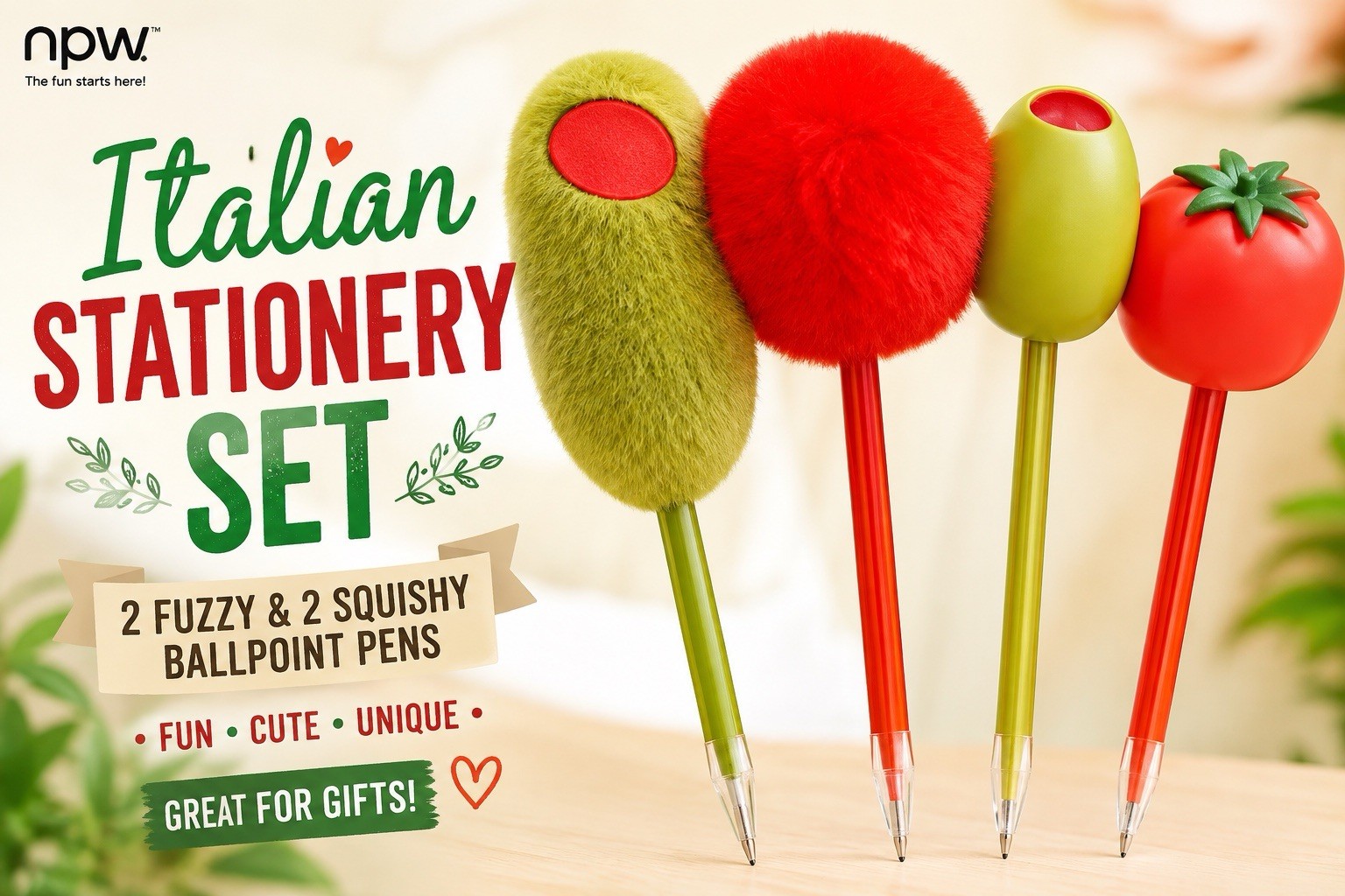 NPW Italian Food Novelty Pen Set NWT Tomato Olive Kiwi Fuzzy Stationery Gift