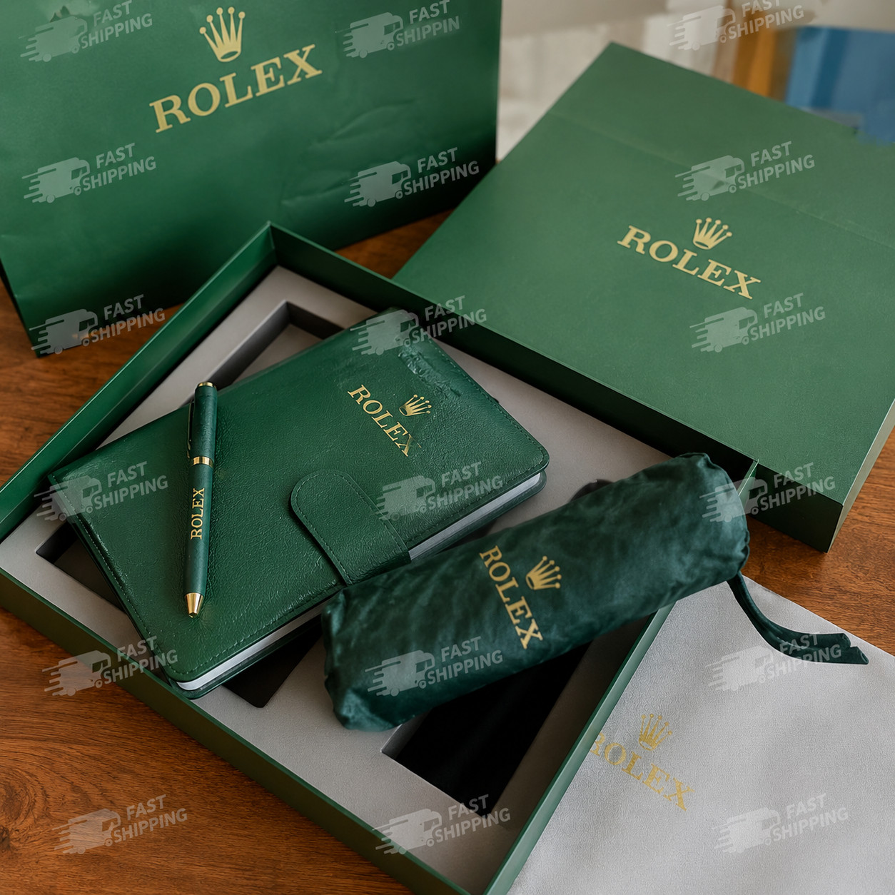 NEW ROLEX Green Gift Set Notebook Ballpoint Pen Folding Umbrella Luxury Gift Box