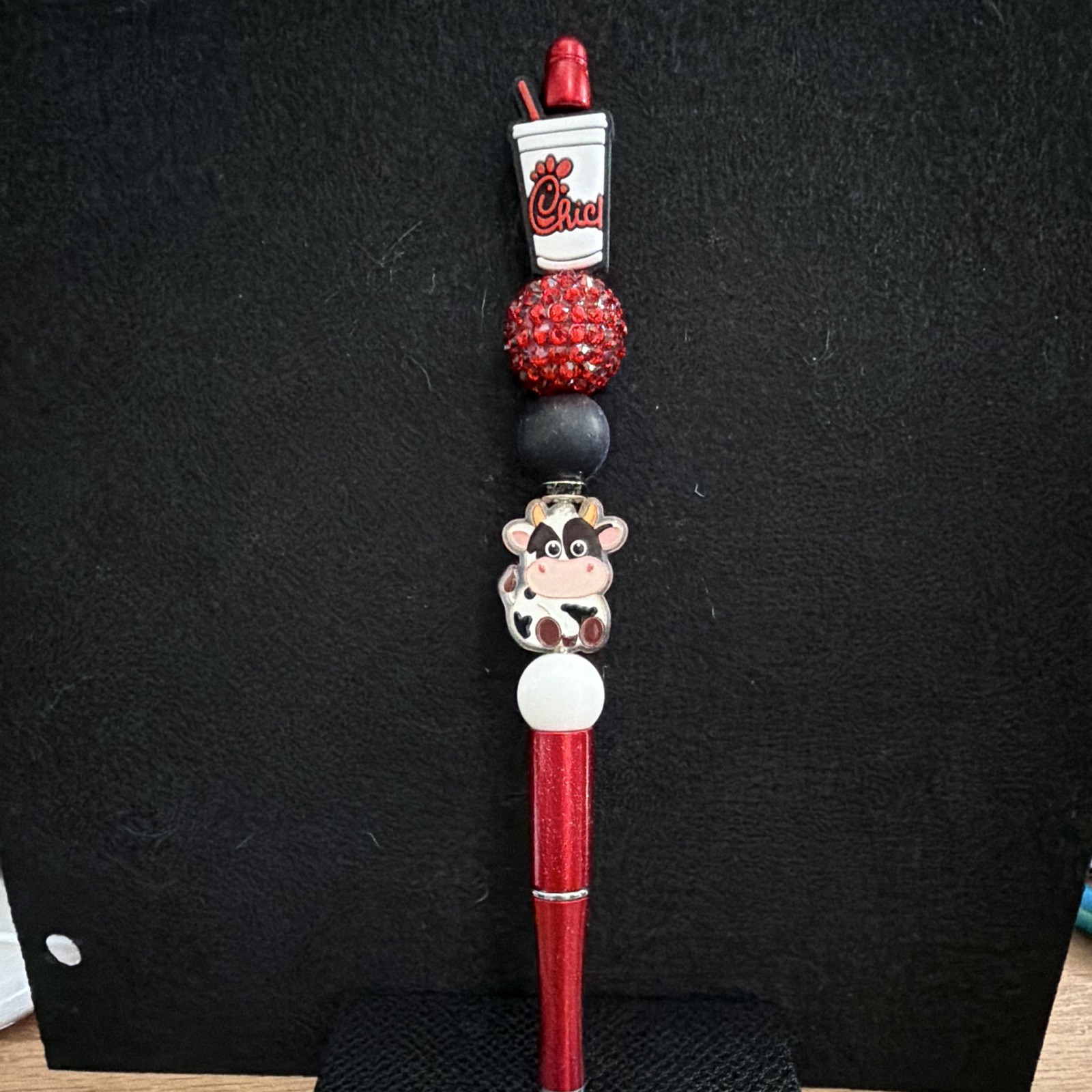 Red Plastic Ballpoint Pen w/ Beaded Grip & Cow Charm Topper, Black Ink