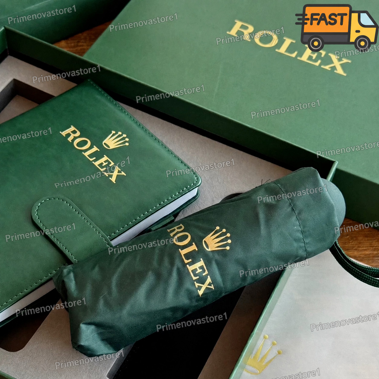ROLEX Green Gift Set Notebook Ballpoint Pen Folding Umbrella Luxury Gift Box NEW