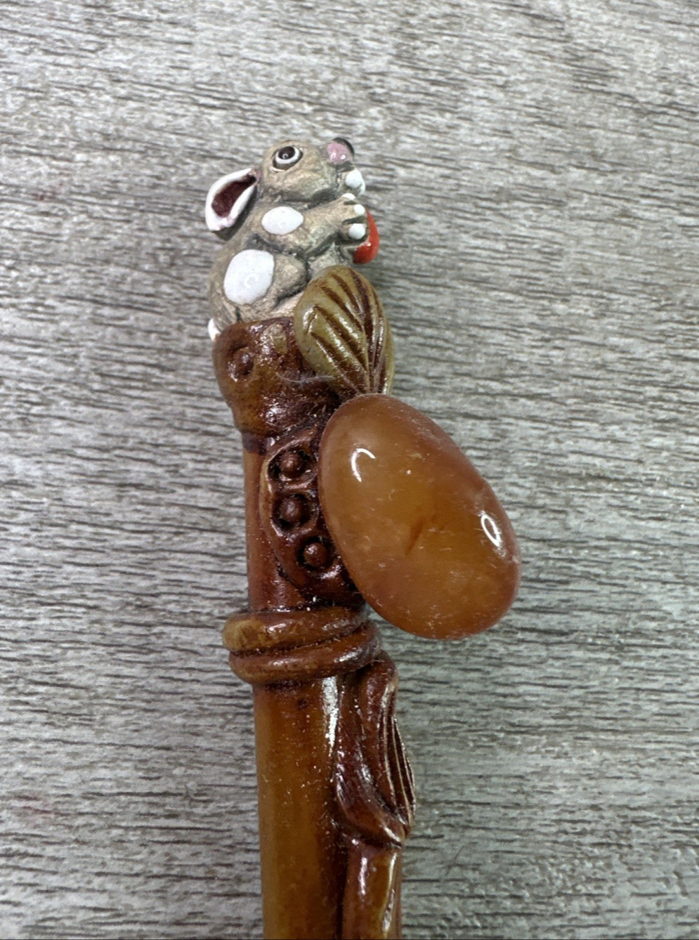 Unique Vtg Lot Of 3 Novelty Hand Detailed Pens Seal, Elephant & Rabbit w/Agates