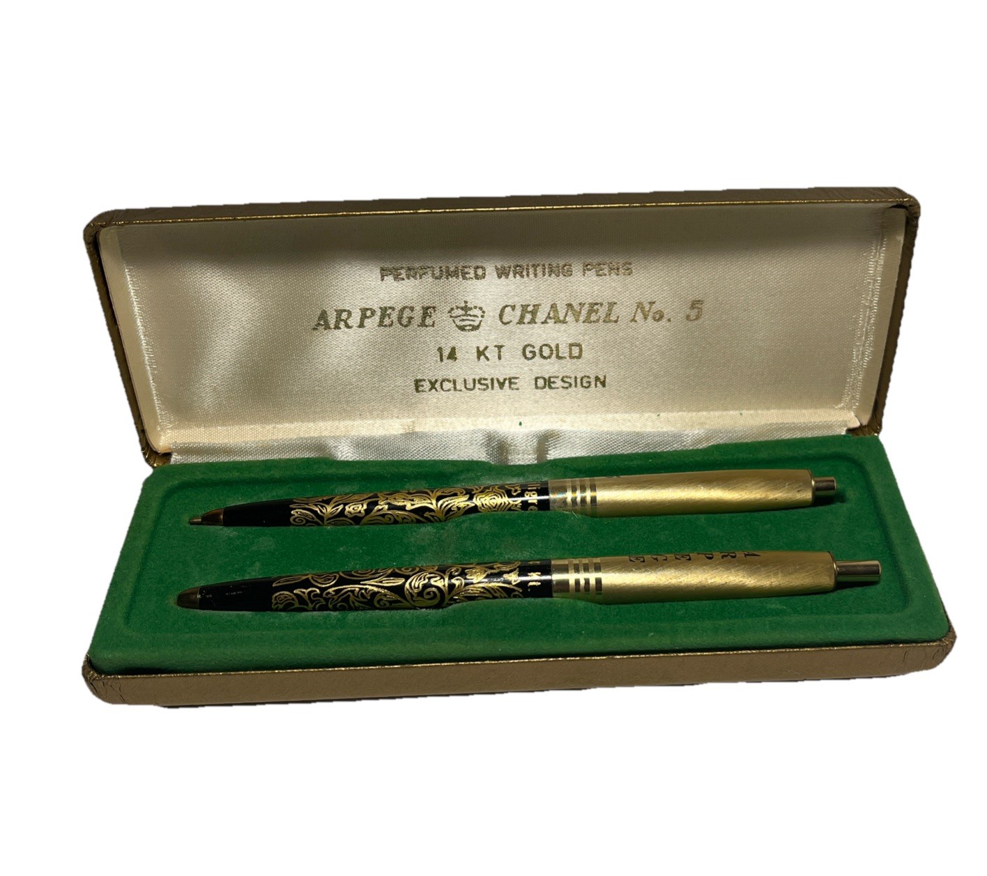 Vintage Gold Colored Ballpoint Pen Set Black Ink in Case Ink Dry Preowned