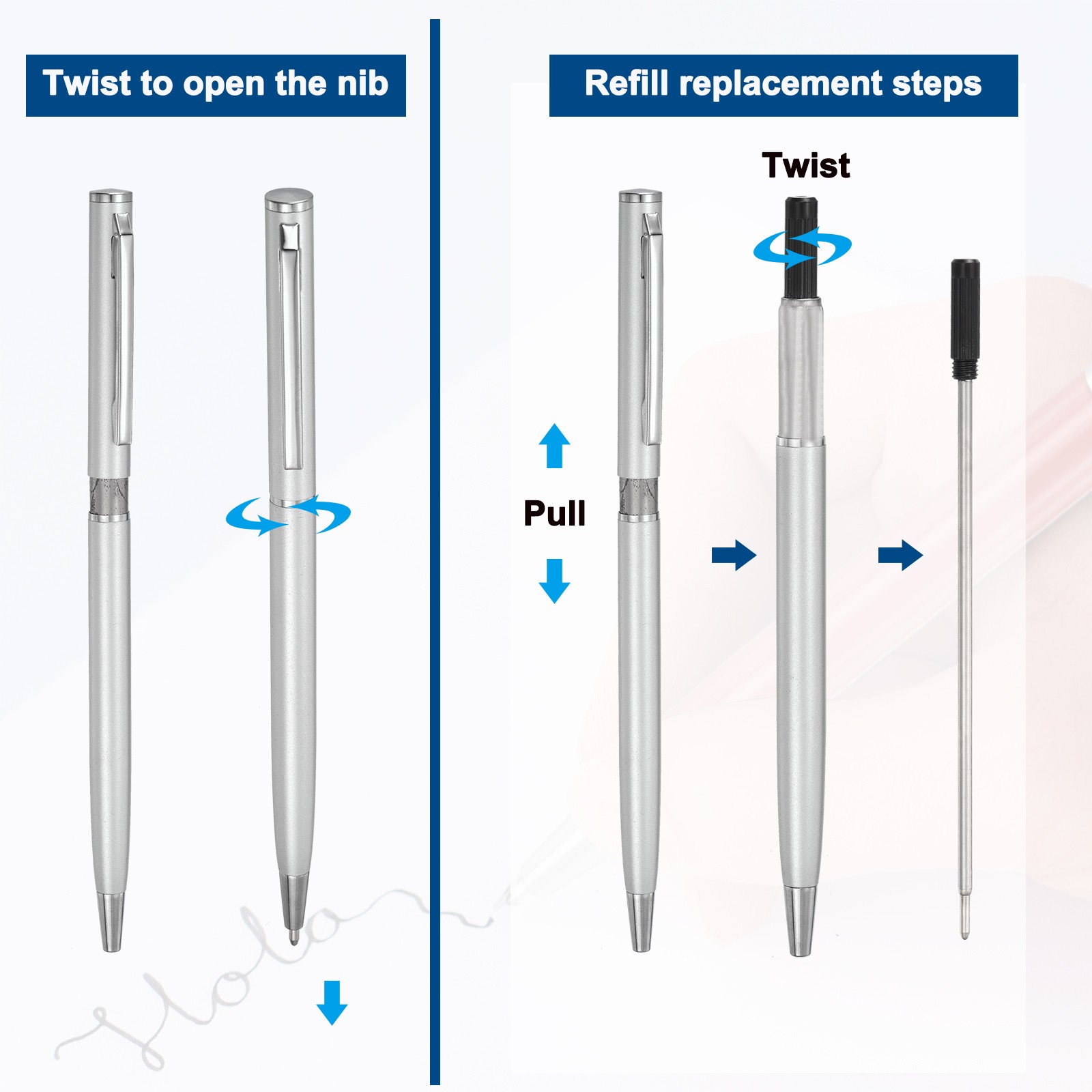 Slim Metallic Ballpoint Pen 6Pcs Black Ink 1mm Medium Point Pen Silver Tone