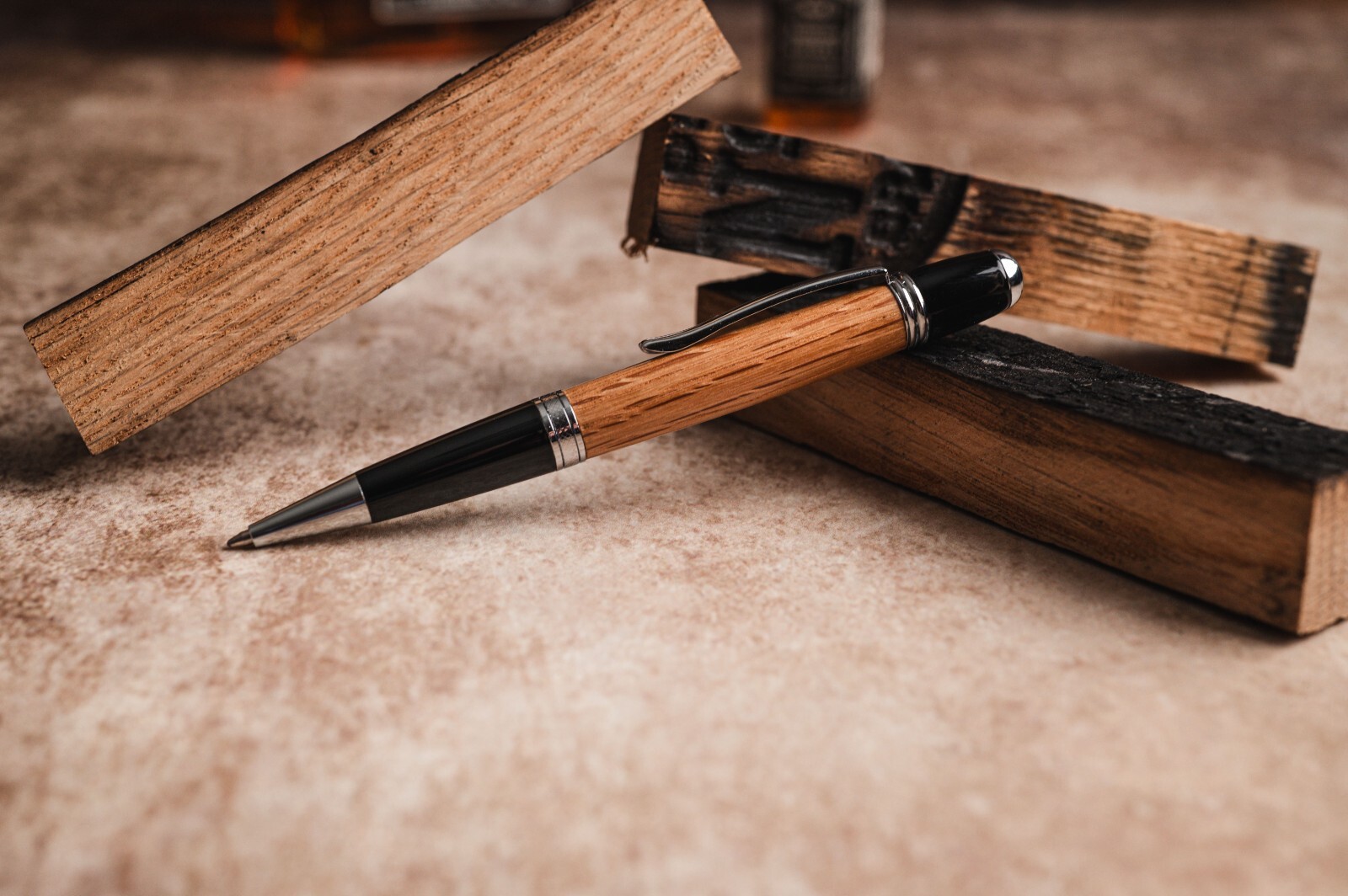 Genuine Jack Daniels White Oak Barrel Hand Turned Ballpoint Twist Pen, Chrome