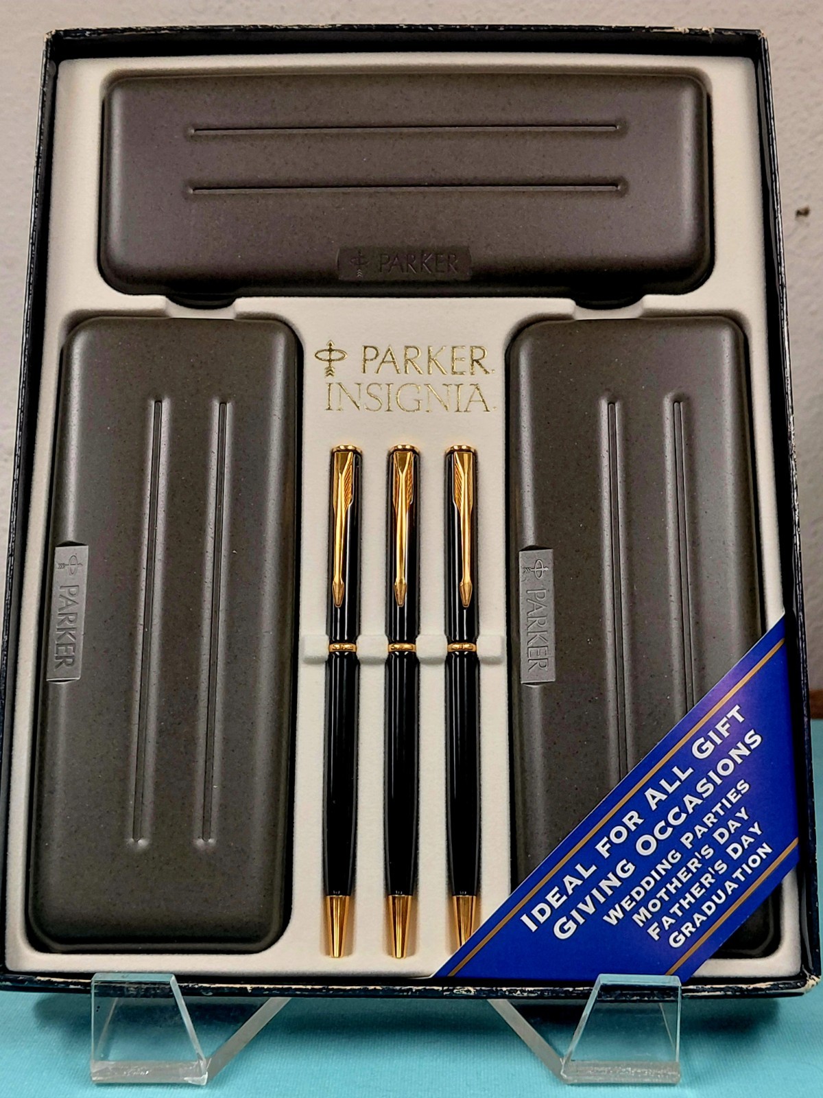 Parker Insignia Black Lacquer Ballpoint Pen 3 Pack w Hard Shell Case New NIB NOS
