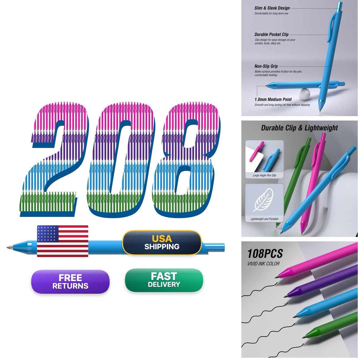 InkSlick 208 Pack Black Pens Ballpoint 1.0MM Medium Point Retractable