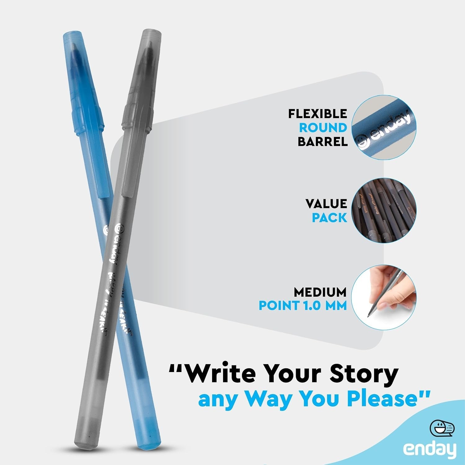 Enday Pens Bulk Black Pens Blue Pens Ballpoint, Medium Point (1.0mm), Flexible R