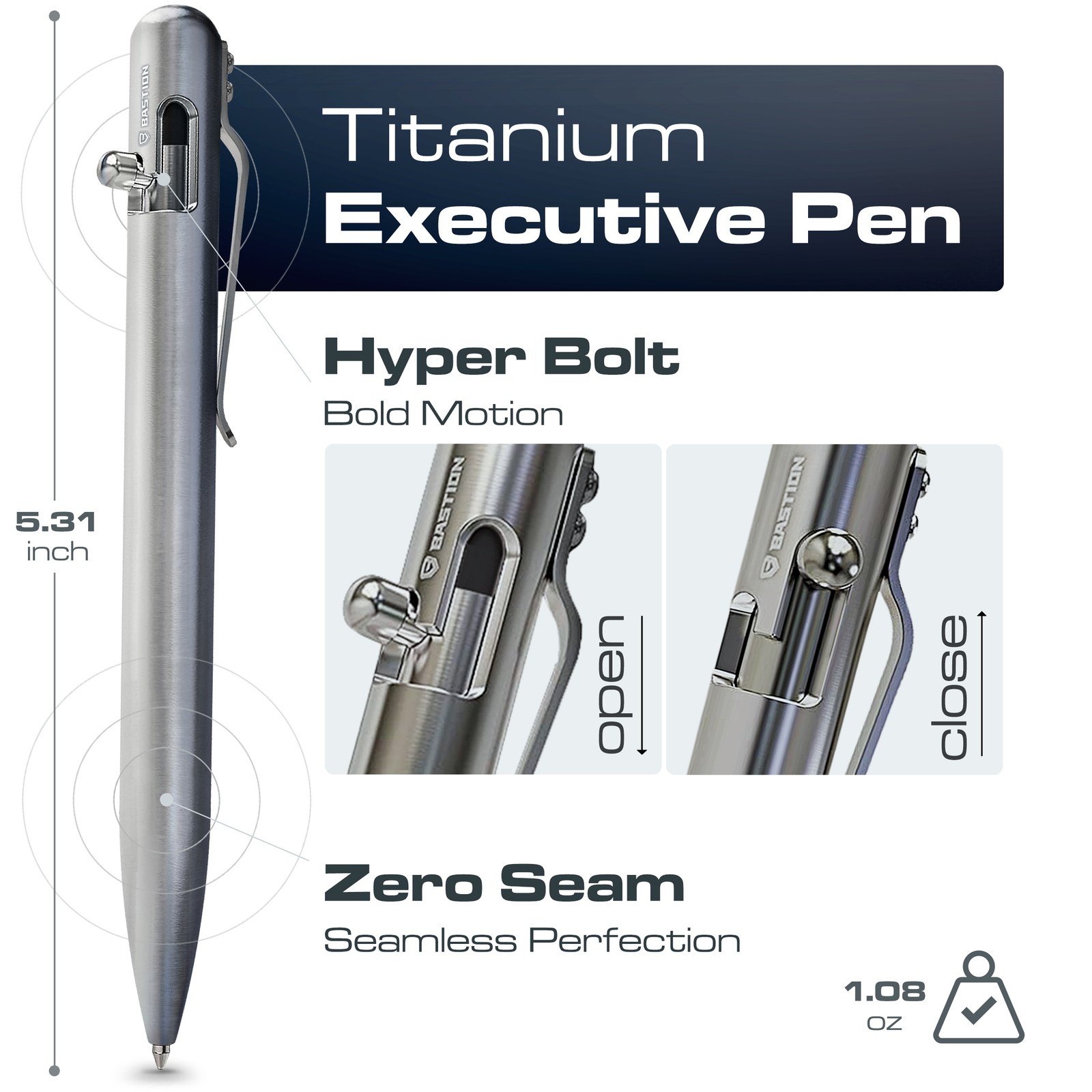 Bastion Bolt Action Pen Stainless, Carbon FIber, Aluminum, Zirconium, Titanium