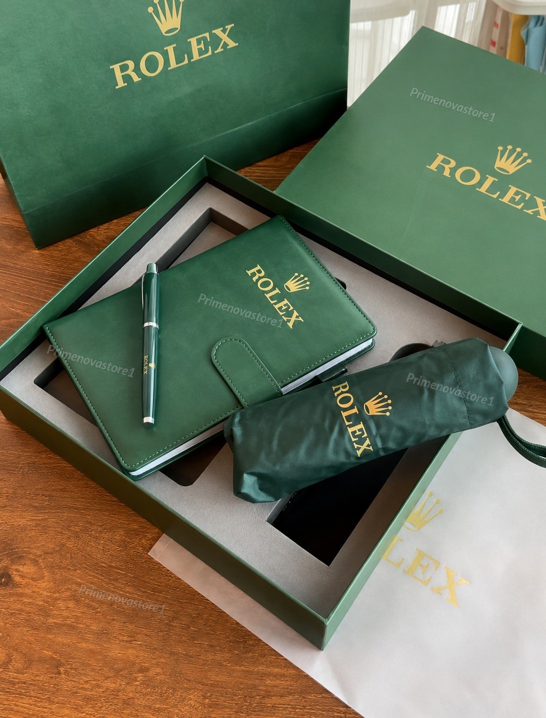 ROLEX Green Gift Set Notebook Ballpoint Pen Folding Umbrella Luxury Gift Box NEW