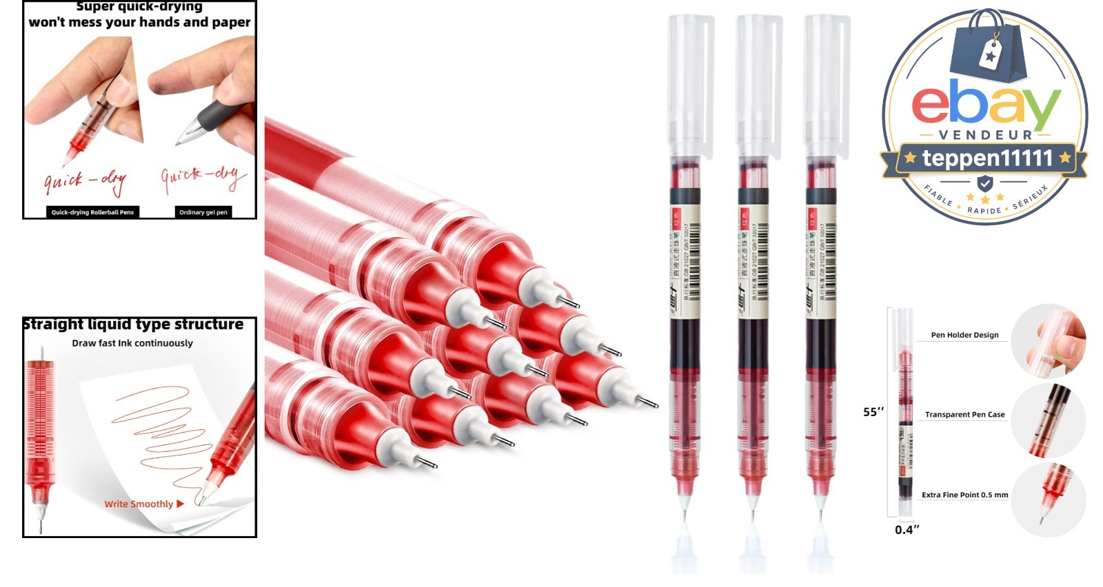 Rolling Ball Pens 12 Pieces Quick Dry Ink 0.5 mm Extra Fine Red