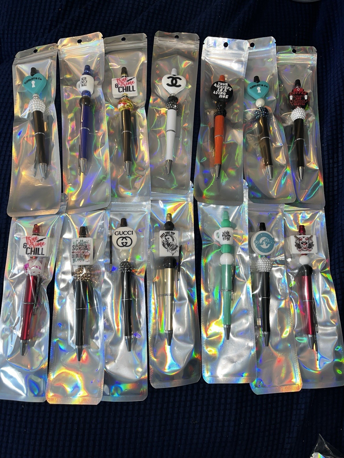23 – Novelty Plastic Ballpoint Pens Lot w/ Beaded Decorative Toppers, Black Ink