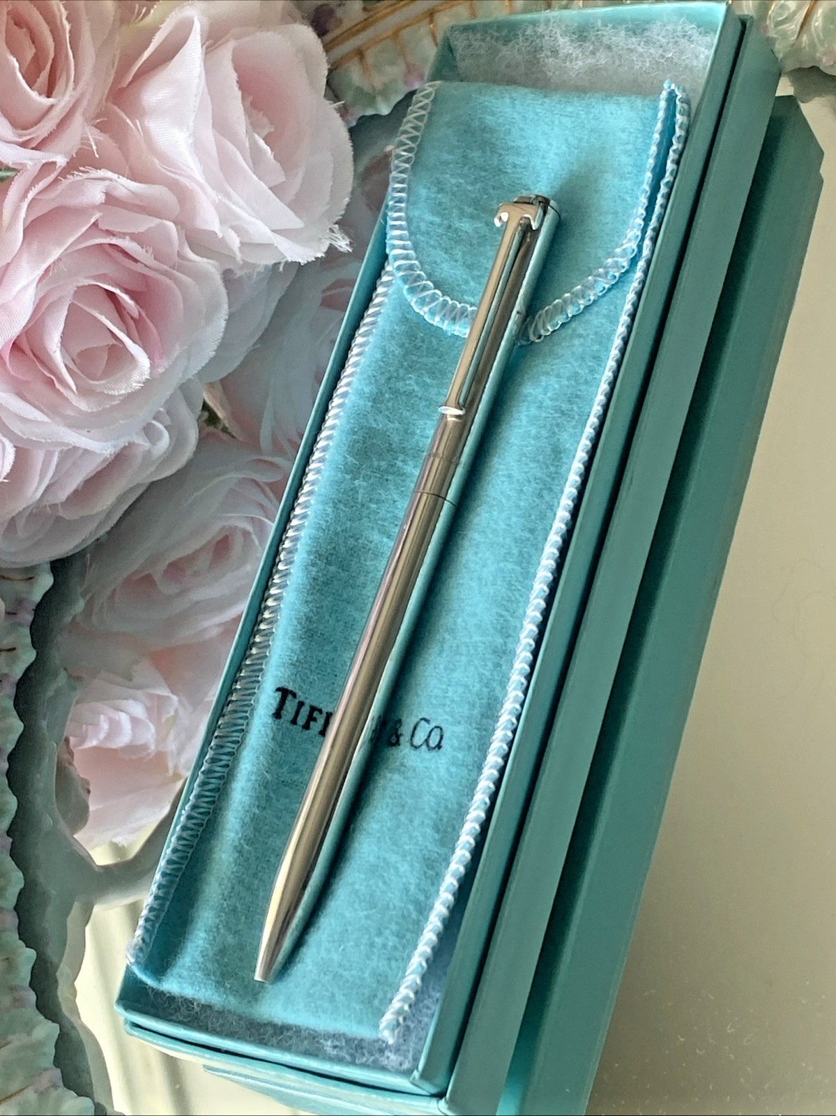 Vtg Tiffany & Co. Sterling Silver 925 T Clip Ballpoint Pen Black Ink Pouch & Box