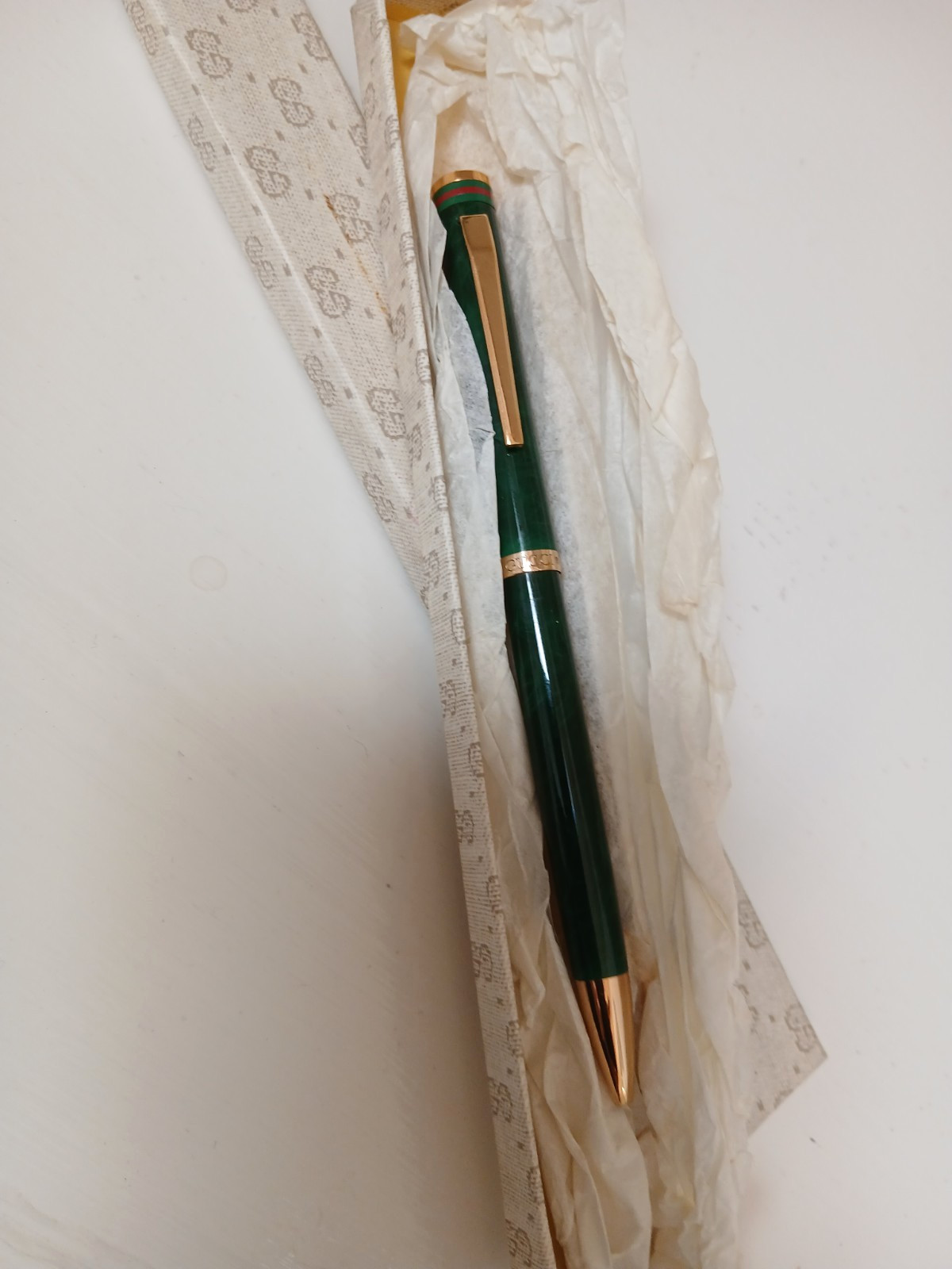 NIB VINTAGE GUCCI GREEN & GOLD ENAMEL BALLPOINT PEN BOUGHT IN LATE 70’S MID 80’S
