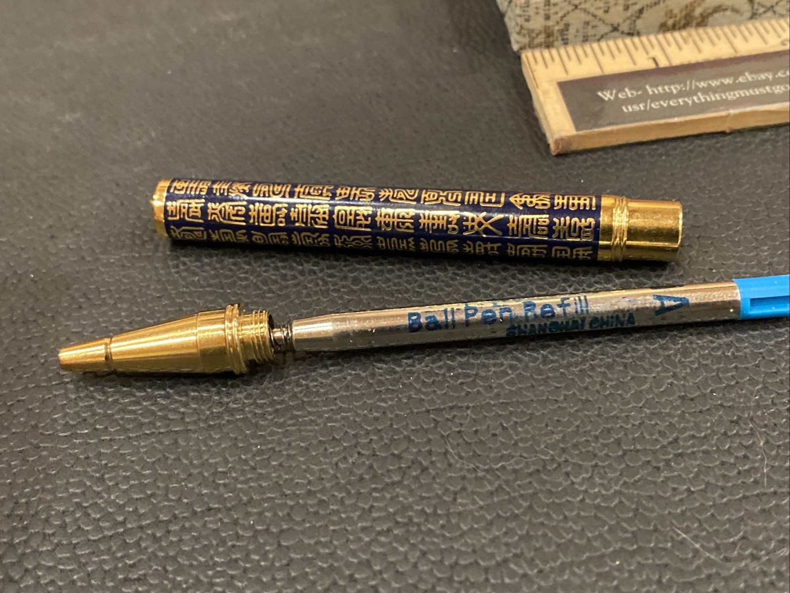 Vtg Chinese China Taraku Ballpoint Chinese Poem Lettering Gold Tone Pocket Clip
