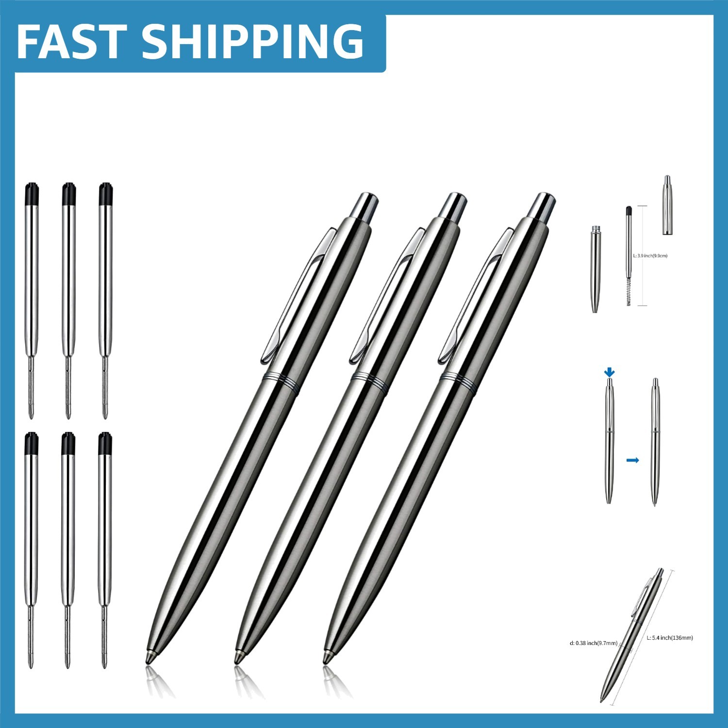Luxury Metal Ballpoint Pens – 3 Pcs Set with 6 Refills, Retractable & Stylish