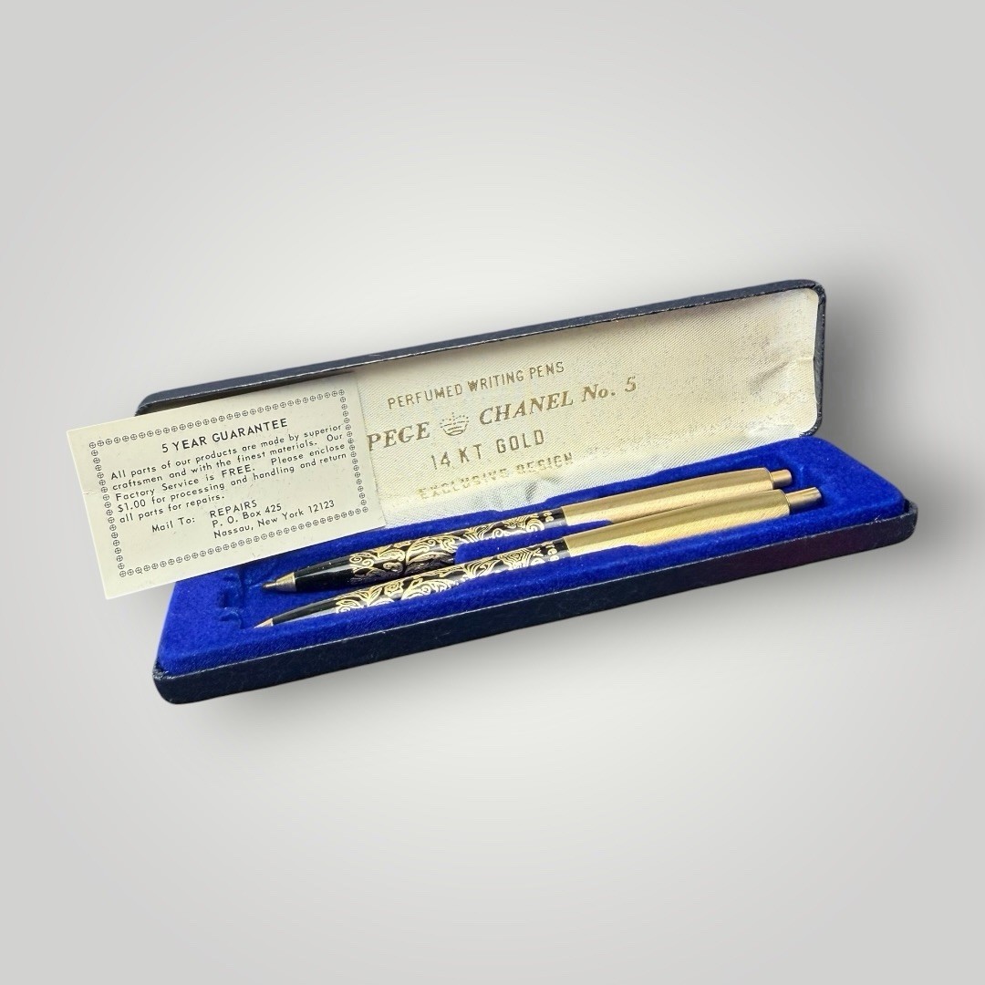 Arpege Chanel No.5 14k Gold Filigree Ballpoint Pen Set in Box Vintage