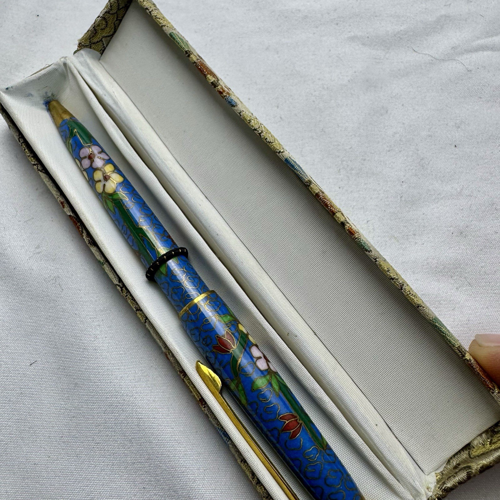 Vintage Cloisonné Enamel Japanese ballpoint Original Box Floral Pattern Blue Ink