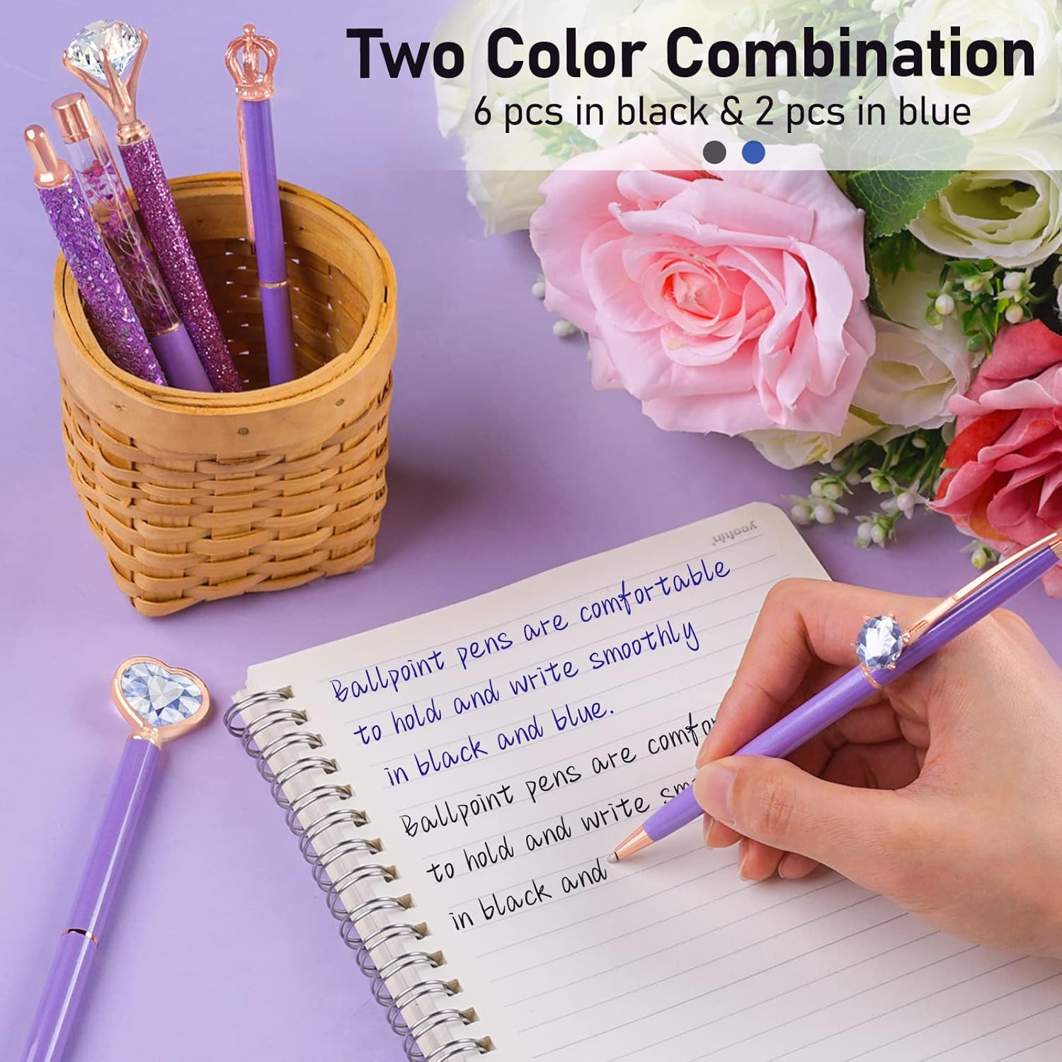 8Pcs Purple Pens, Metal Crystal Diamond Pens with Black & Blue Ink | Fancy Pens