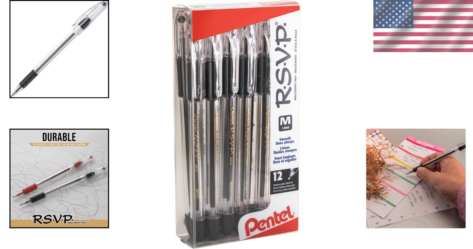 Durable RSVP Ballpoint Pens 1.0mm Medium Line Black Ink – 12 Count Assortment