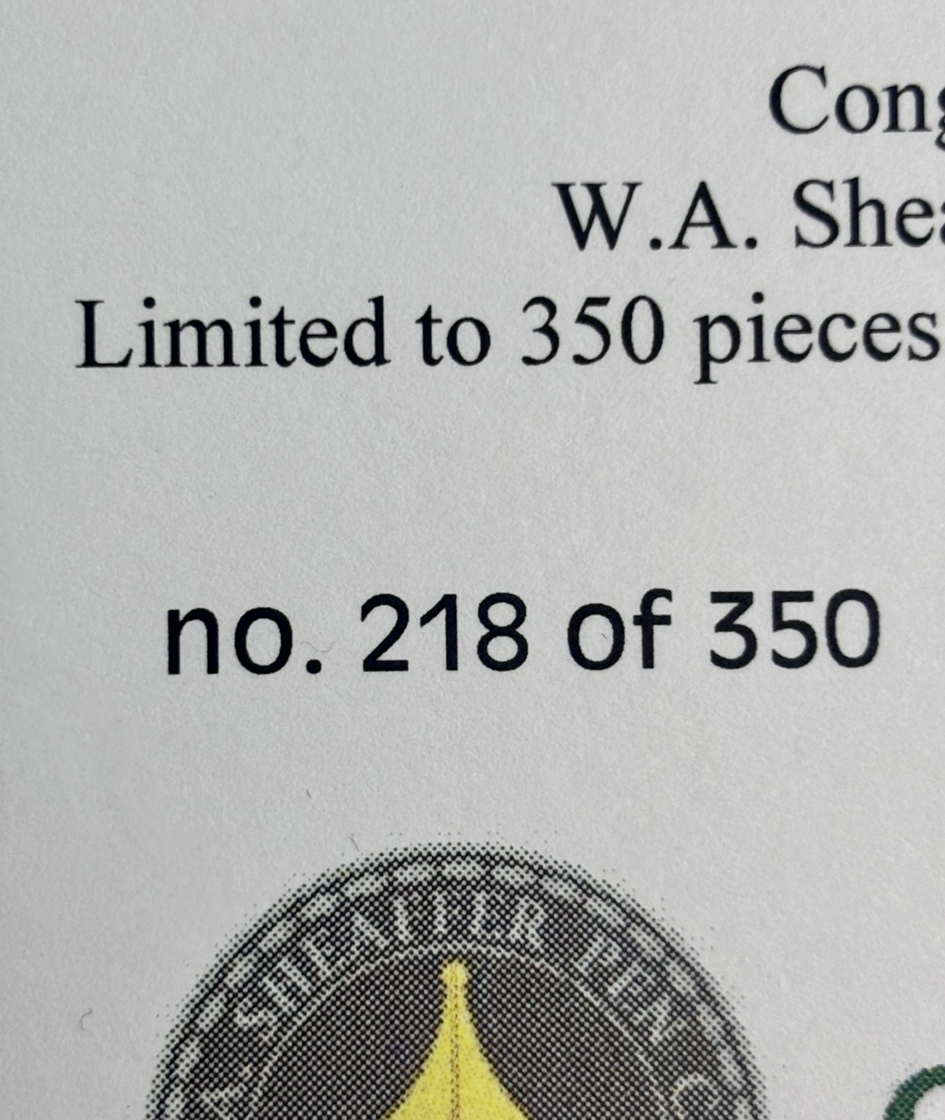 Sheaffer Pen Museum Centennial Commemorative Coin #218/350 Limited Edition COA