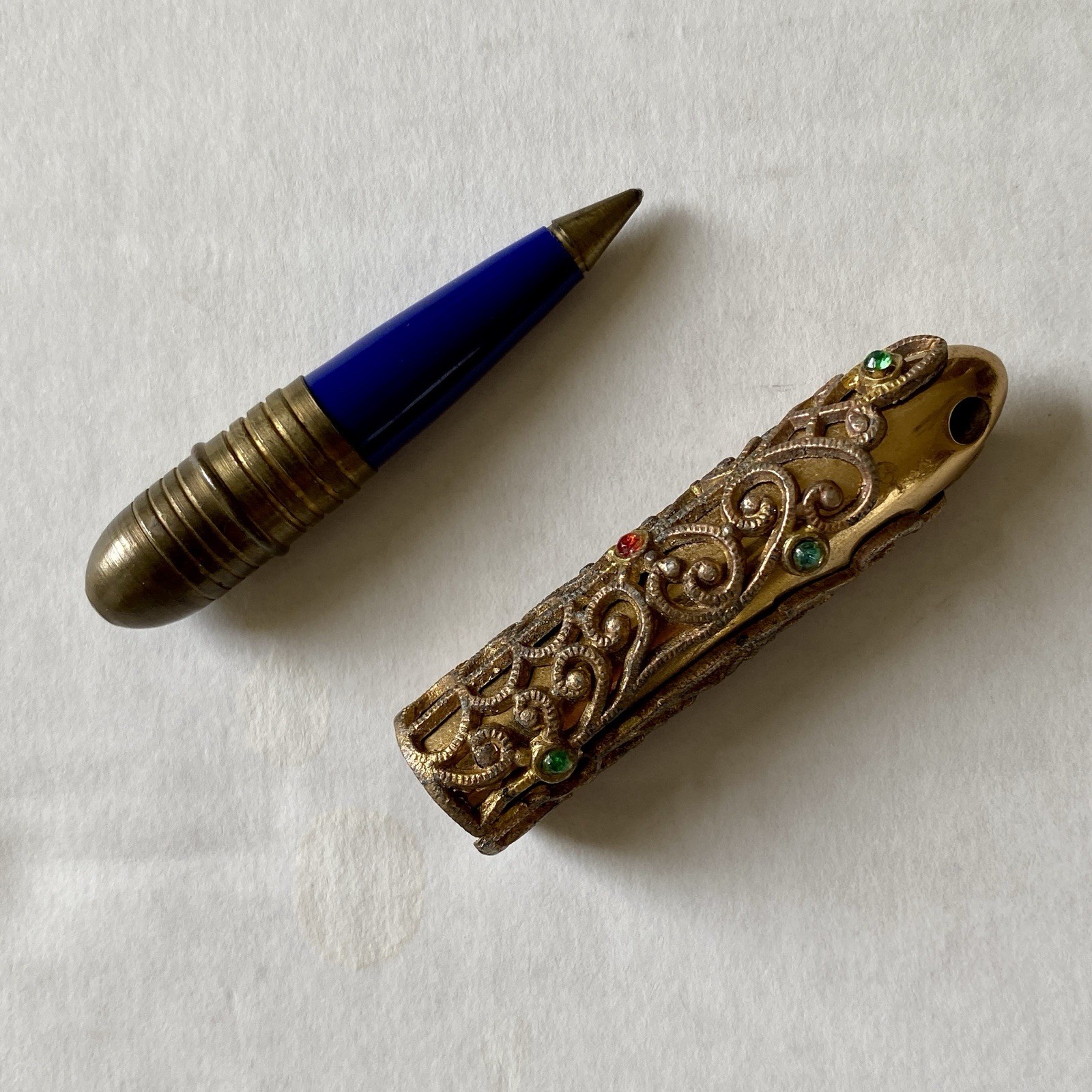 Vintage Miniature Metal Ballpoint Pen With Gold Tone Filigree And Jeweled Case