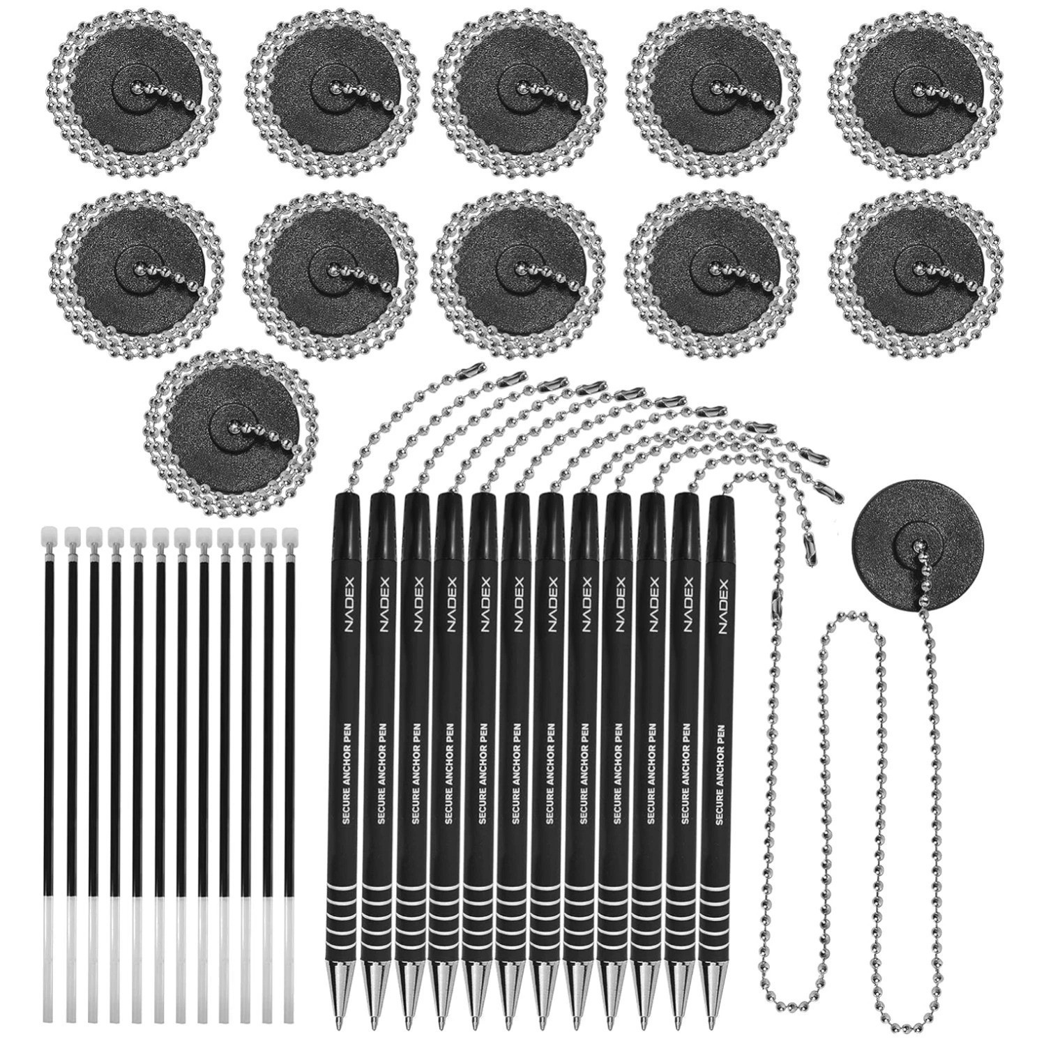 Ball Chain Pen Security Set | 12 Black Pens, Mounts, Refills
