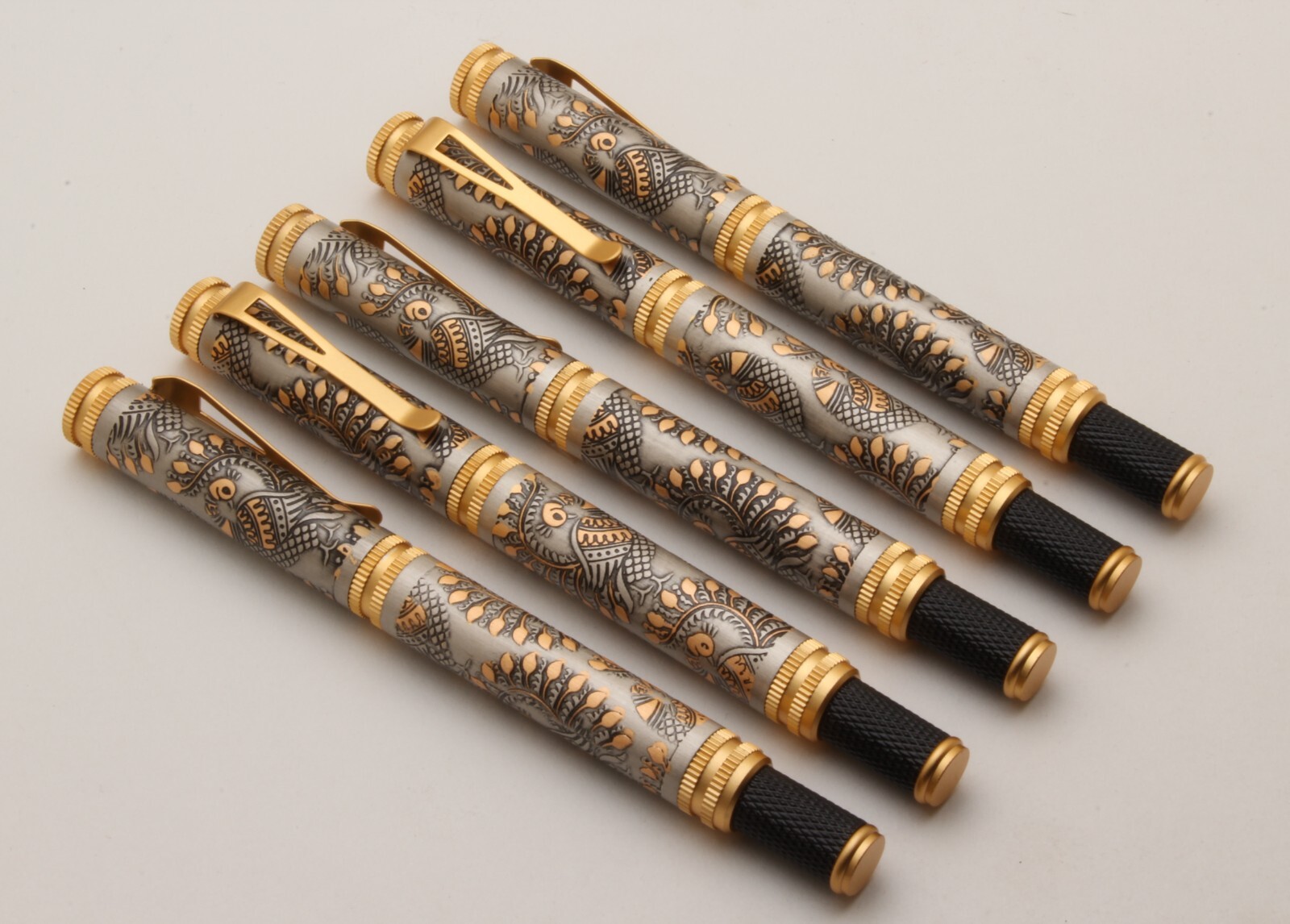 SET OF 5 Peacock Design Engraved On Antique Look Metal Body Ballpoint Pens
