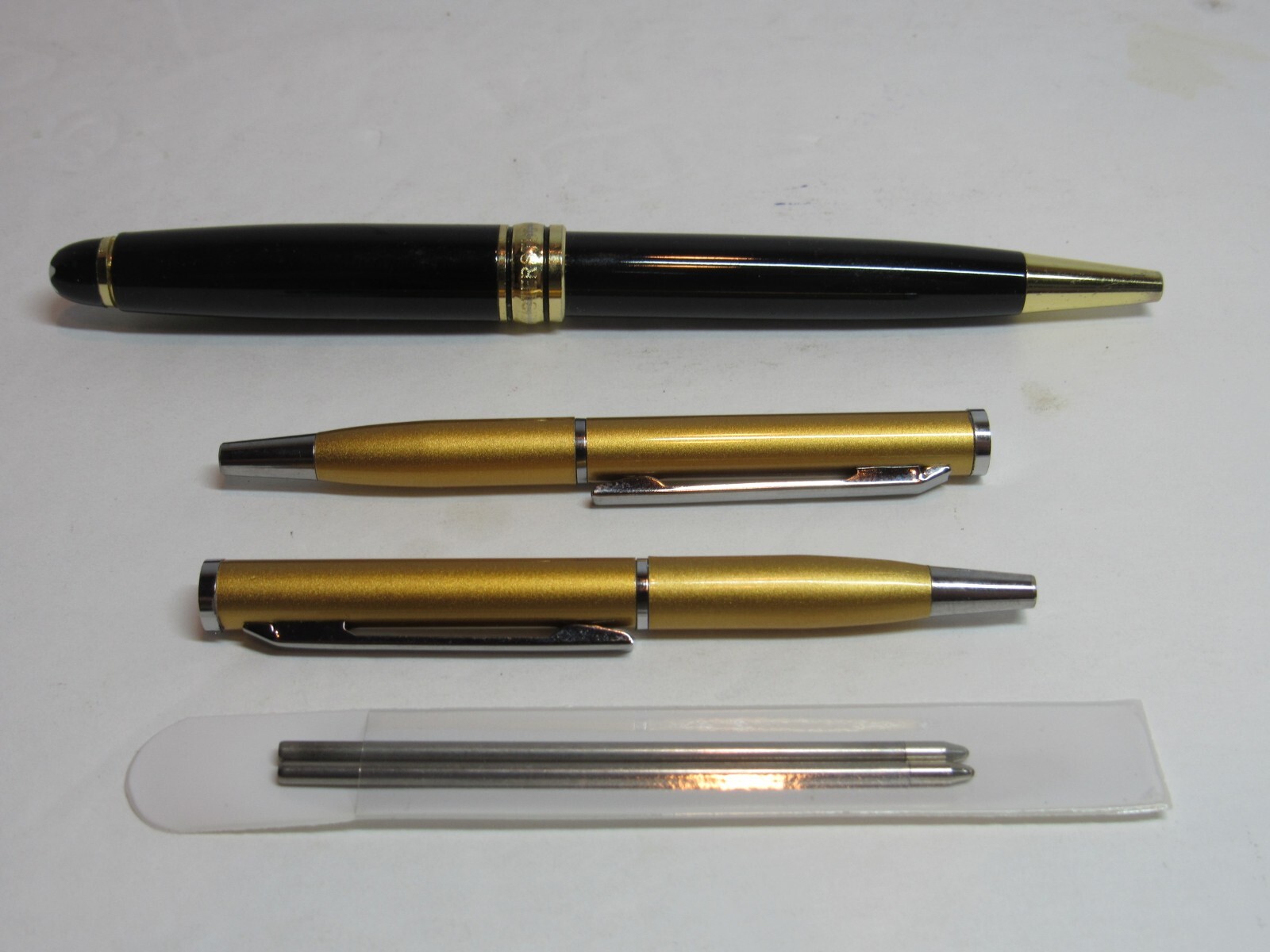 SET OF 2 SUPER MINI BRUSHED GOLD METAL BALLPOINT PEN+2 EXTRA REFILLS