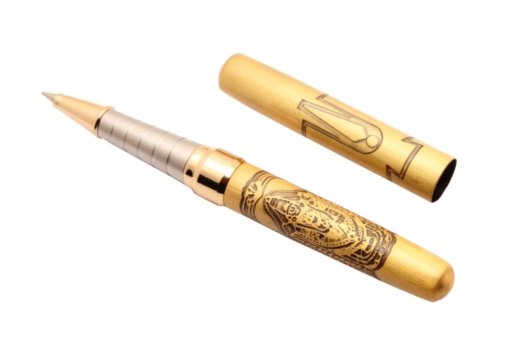SET OF 5 Lord Balaji Engraved On Brushed Gold Metal Body Mini Size Ballpoint Pen