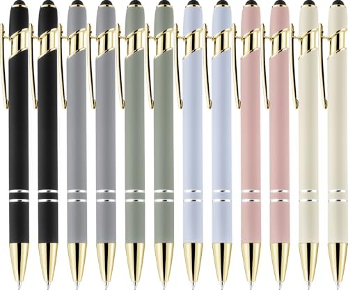 12 Pack Morandi Gold Ballpoint Pen with Stylus Tip 1.0 mm Black Ink Smooth Pens