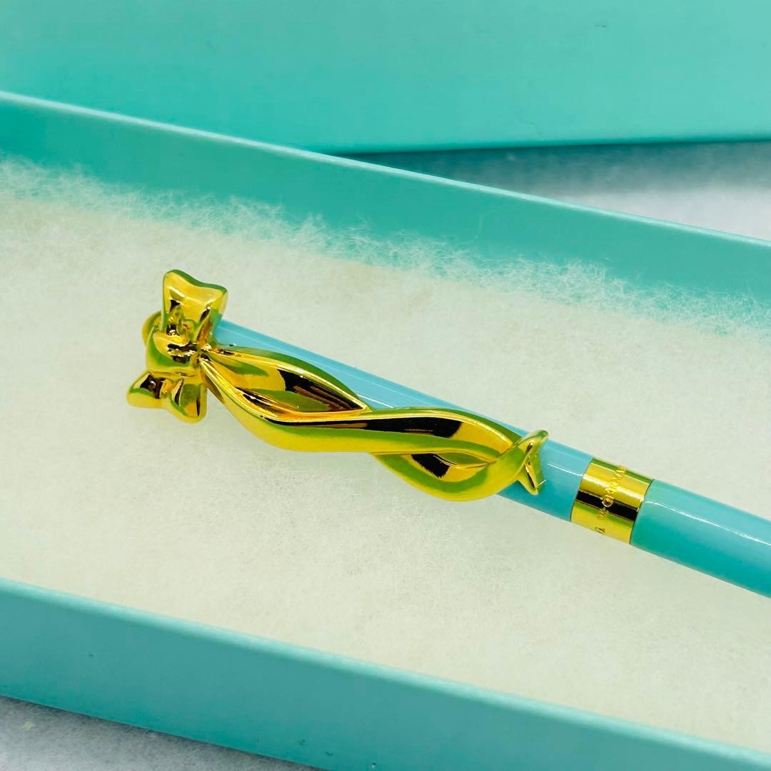 Tiffany & Co Bow Motif Ballpoint Pen Tiffany Blue Gold CIB Box Pouch No Ink AsIs