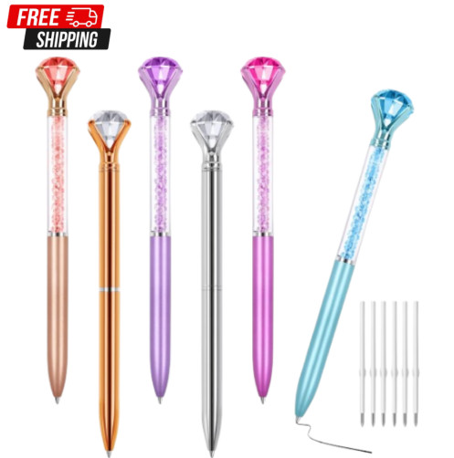 6 Pack Diamond Pens with Crystal Top Black Ink Refillable Ballpoint Pens