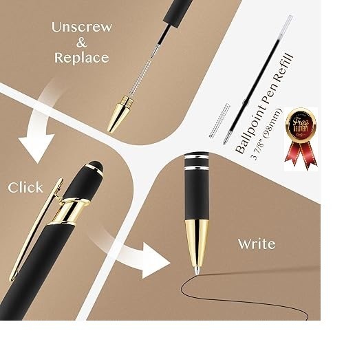 12 Pack Black Gold Ballpoint Pen with Stylus Tip 1.0 Mm Black Ink Smooth Writing