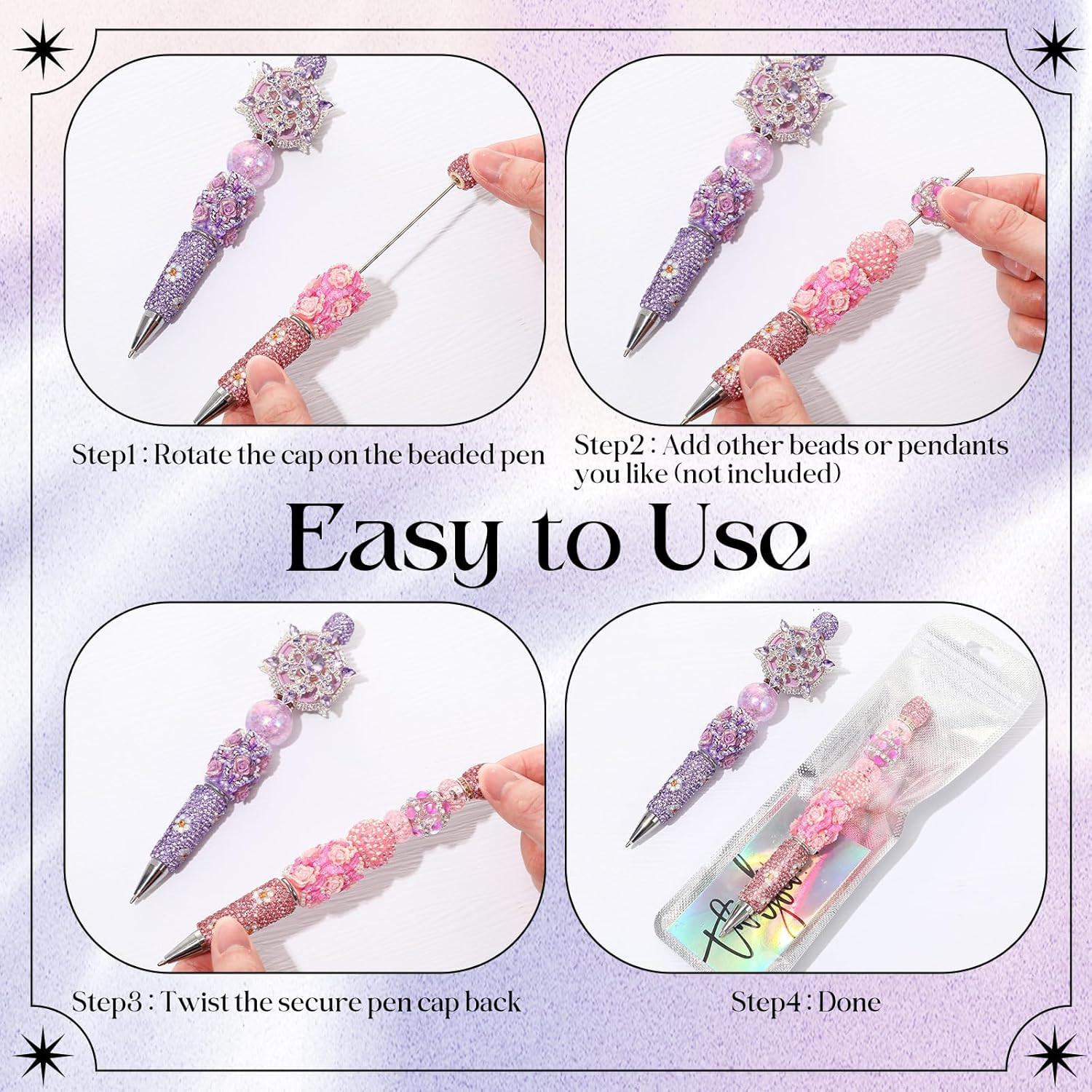 45 Pcs Full Rhinestone Beadable Pens Bulk Set 15 Glitter Diamond Pens with Cards